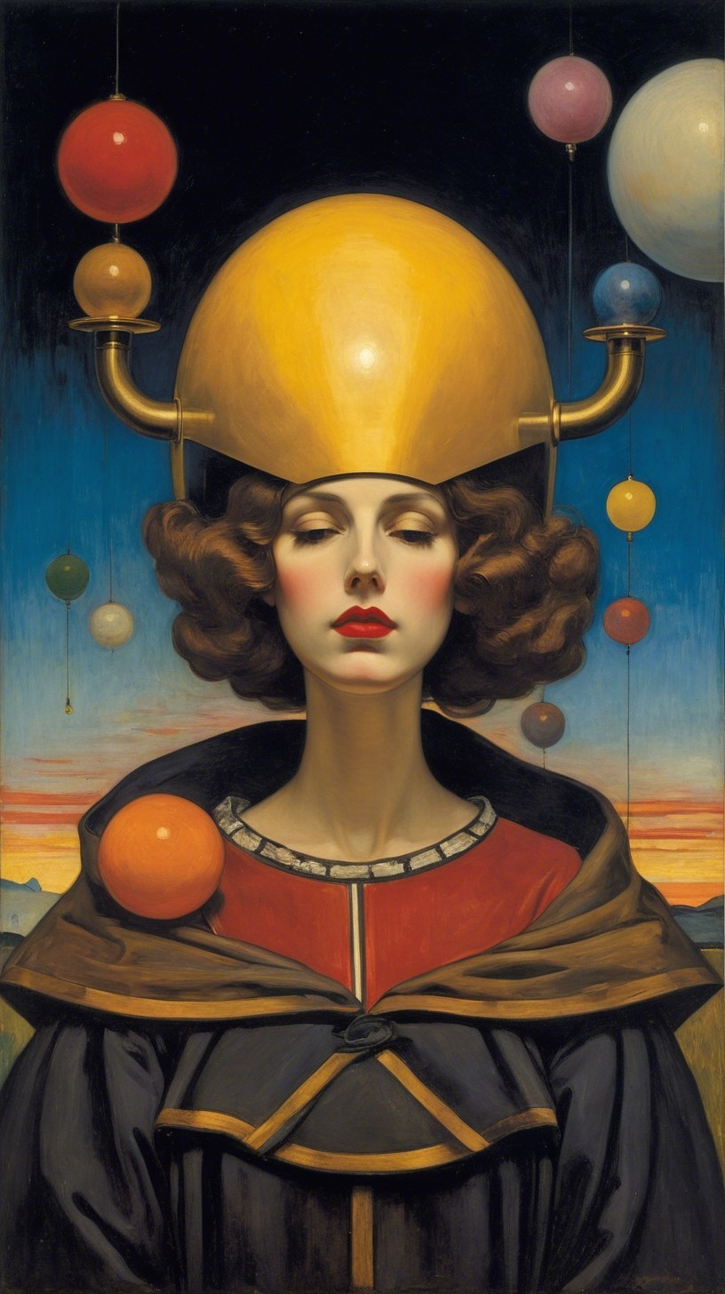 Woman with Yellow Helmet and Colorful Spheres