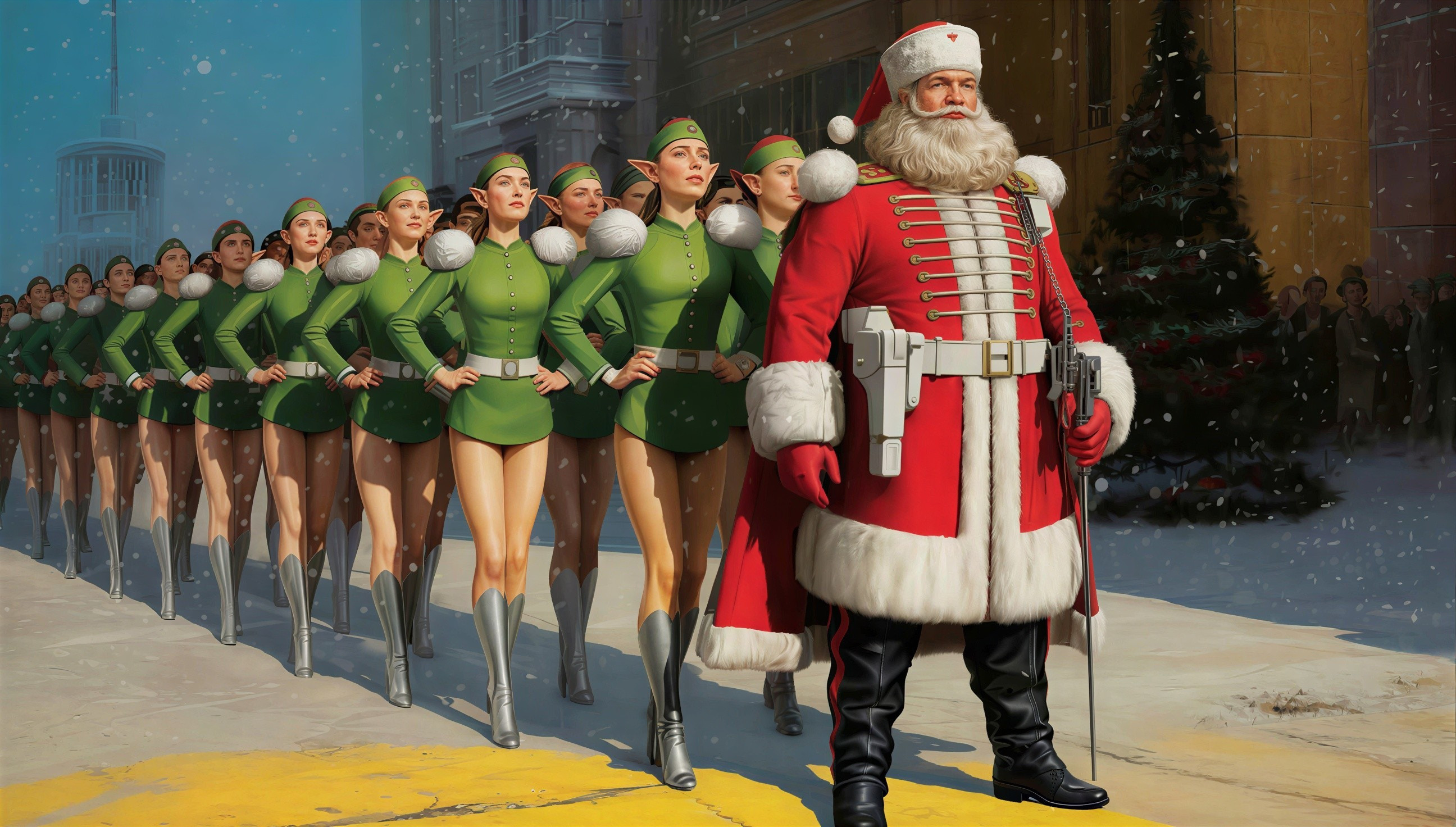 Army Marching in Snow with Santa-Clad General and Elves