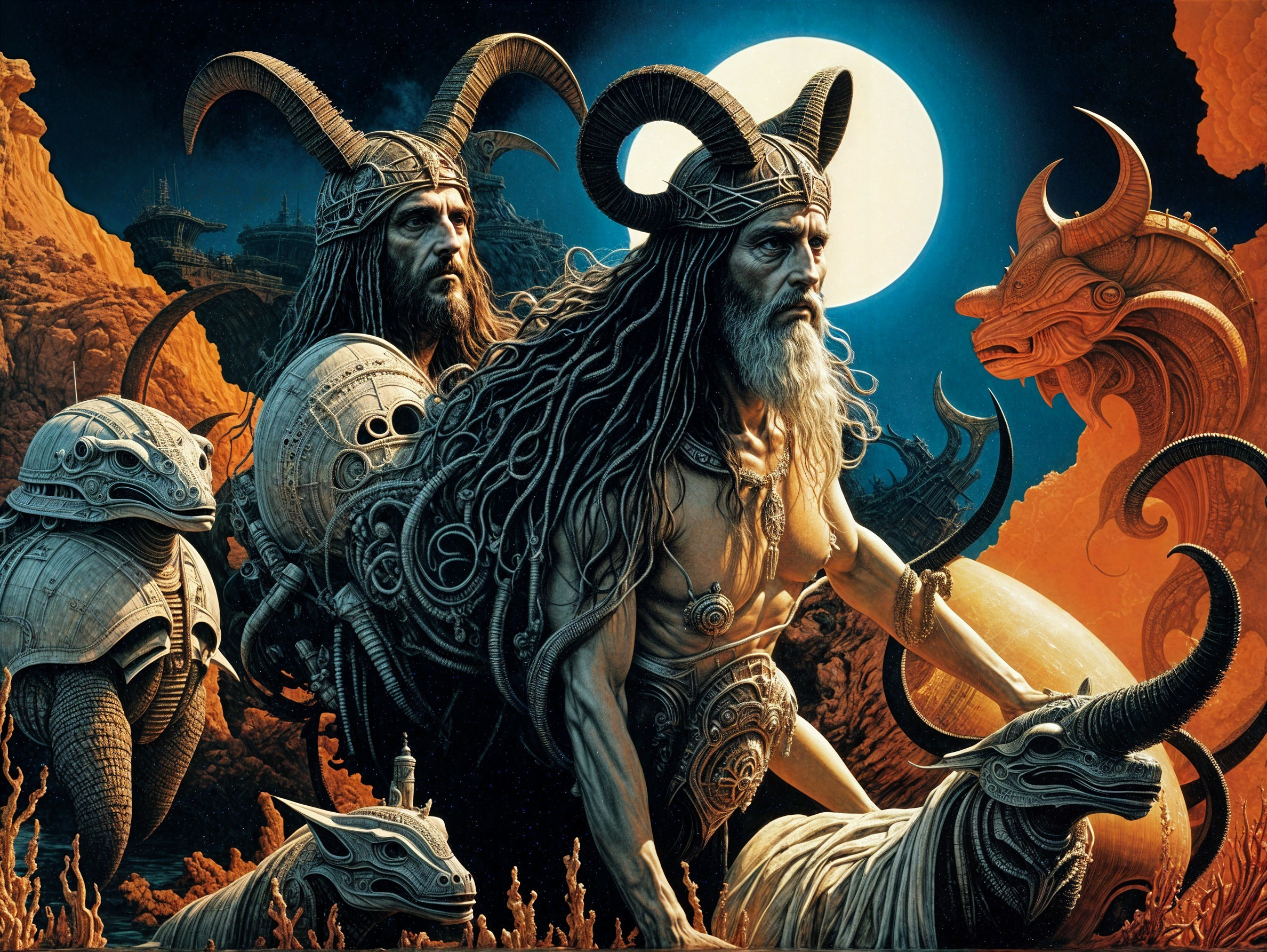 Surreal Landscape with Armored Figures and Creatures