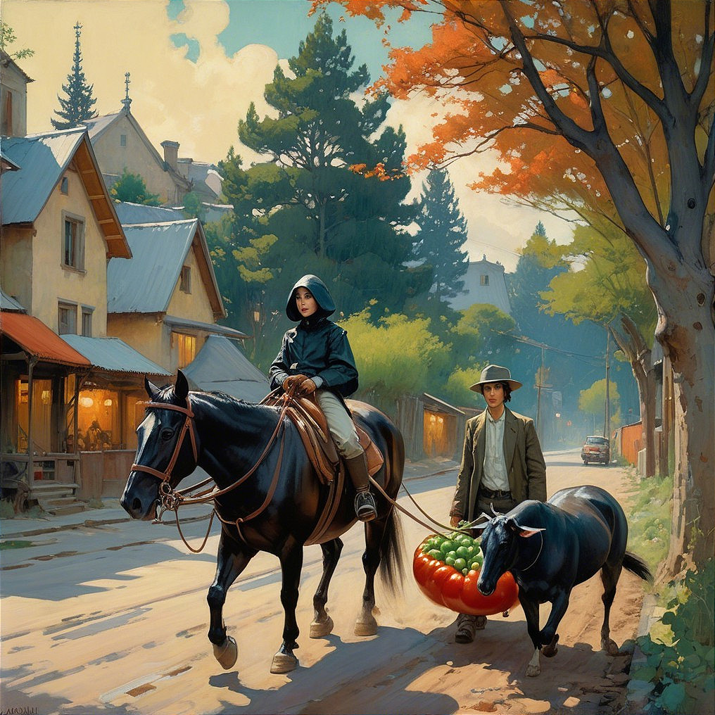 Countryside Scene with Horse, Cow, and Autumn Foliage