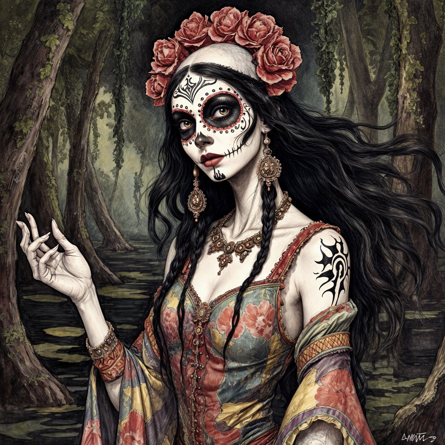 Adorned Woman with Sugar Skull Makeup and Floral Crown