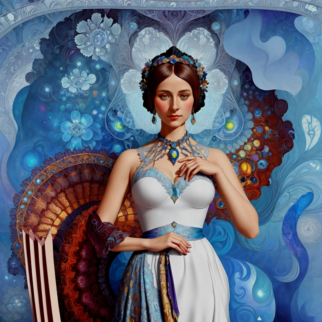 Elegant woman in white gown with blue accents