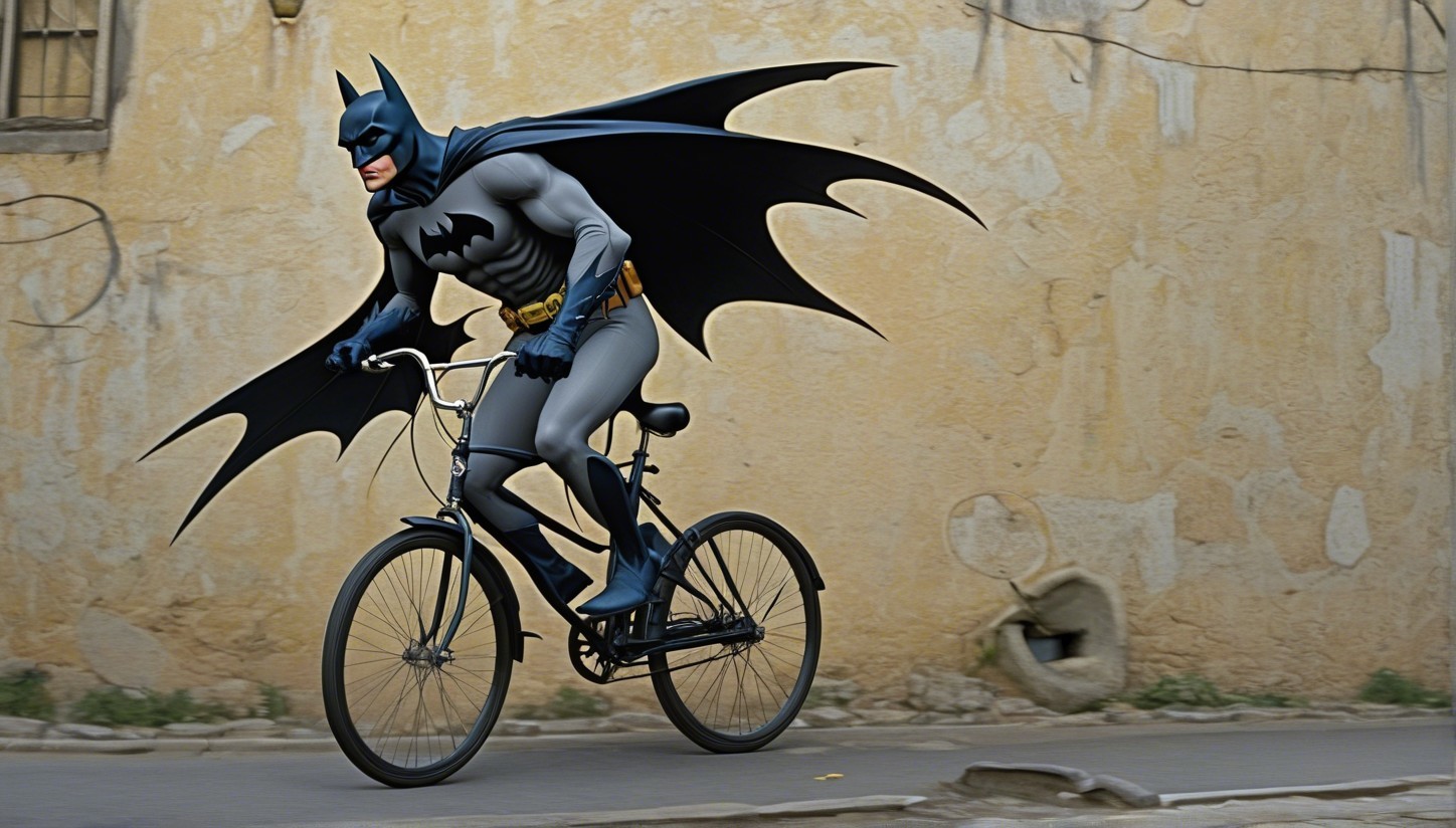 Superhero in Batman Costume Riding Classic Bicycle