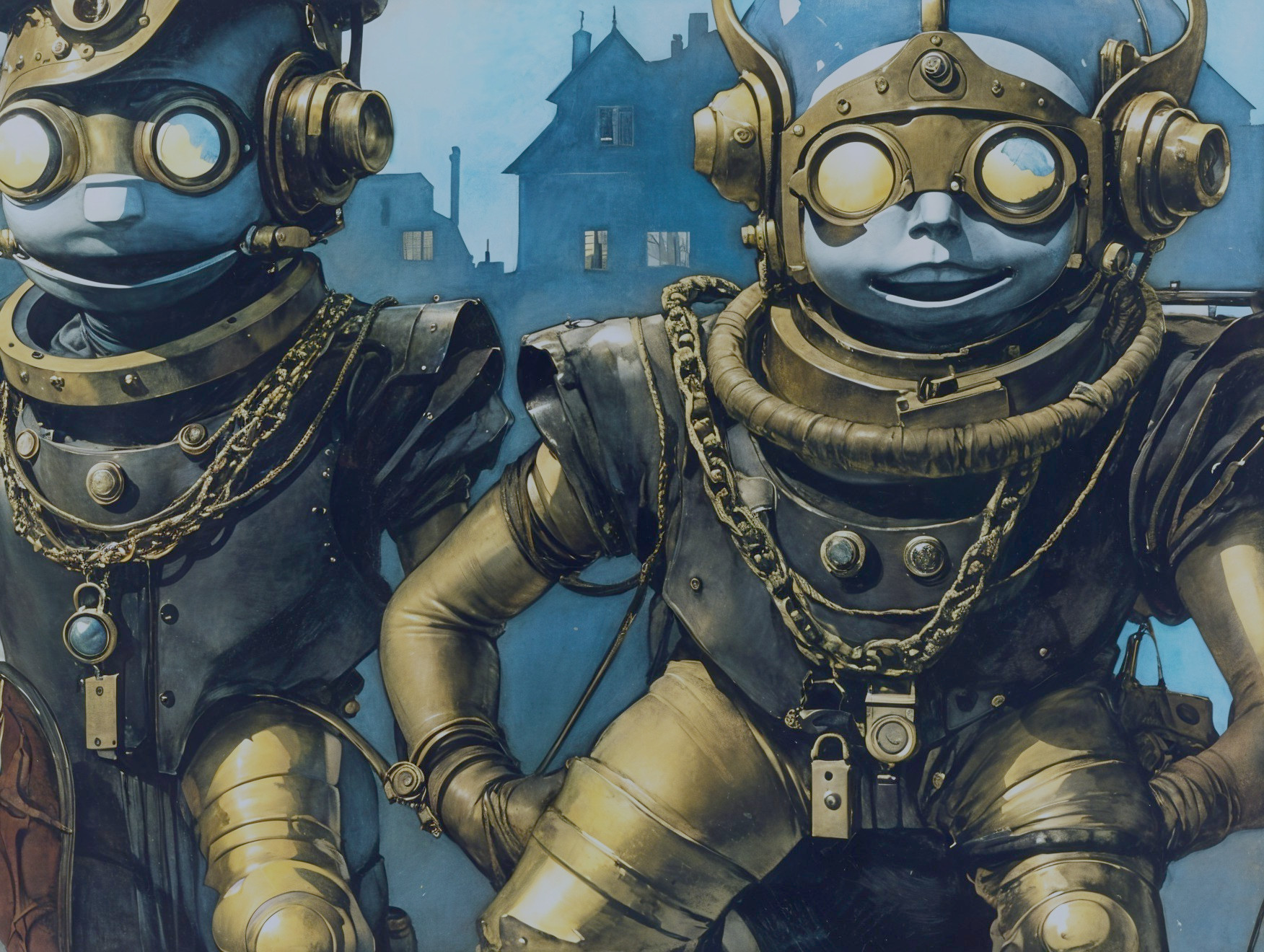 Steampunk Robots with Brass Armor and Goggles