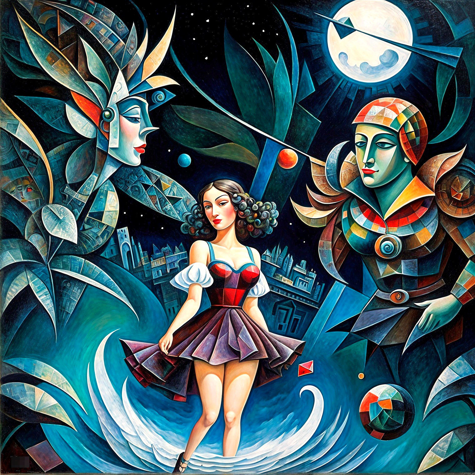 Whimsical Artwork with Abstract Characters and Moon