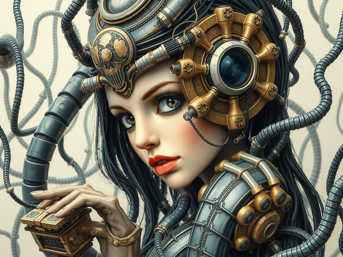 Futuristic Woman with Mechanical Elements and Unique Attire