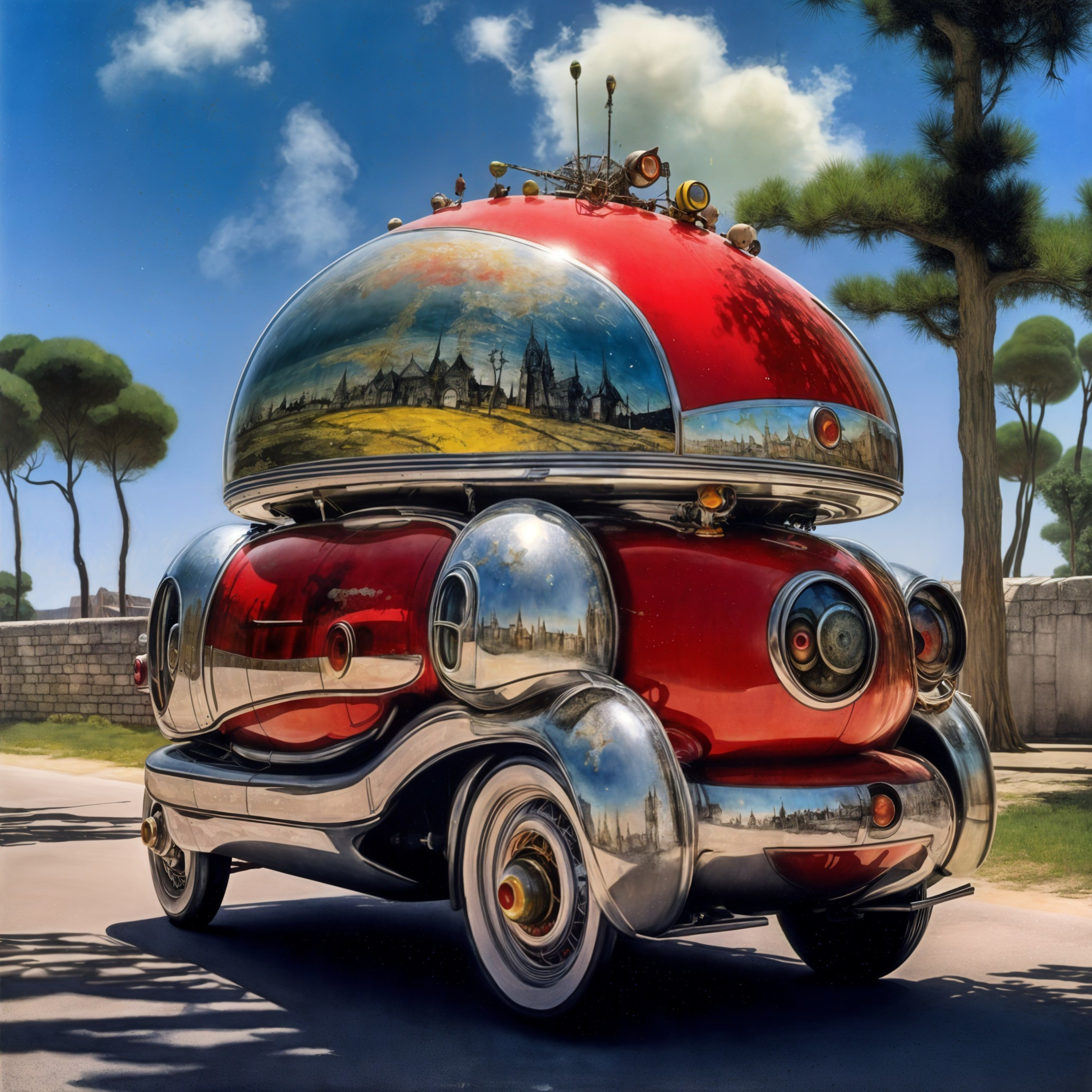 Futuristic car with red exterior and chrome accents