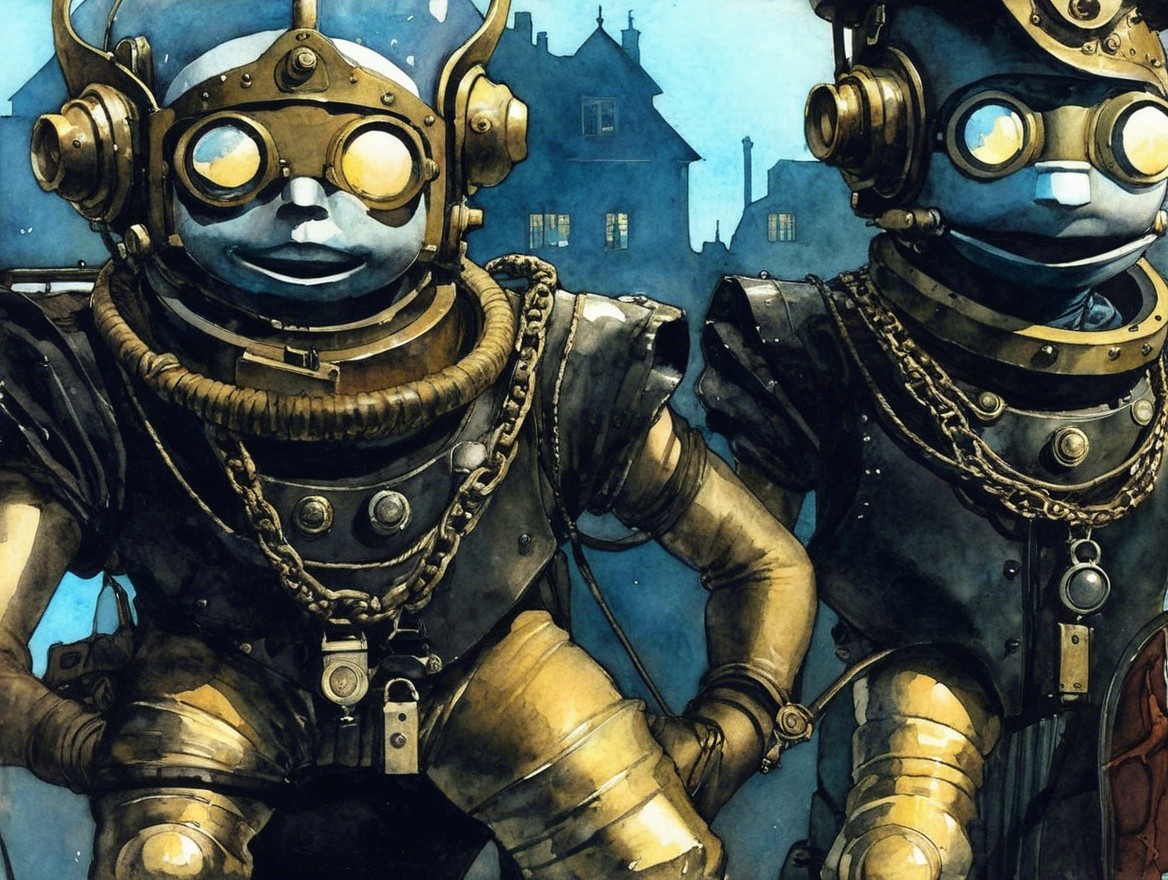 Whimsical Steampunk Robots in Atmospheric Scene