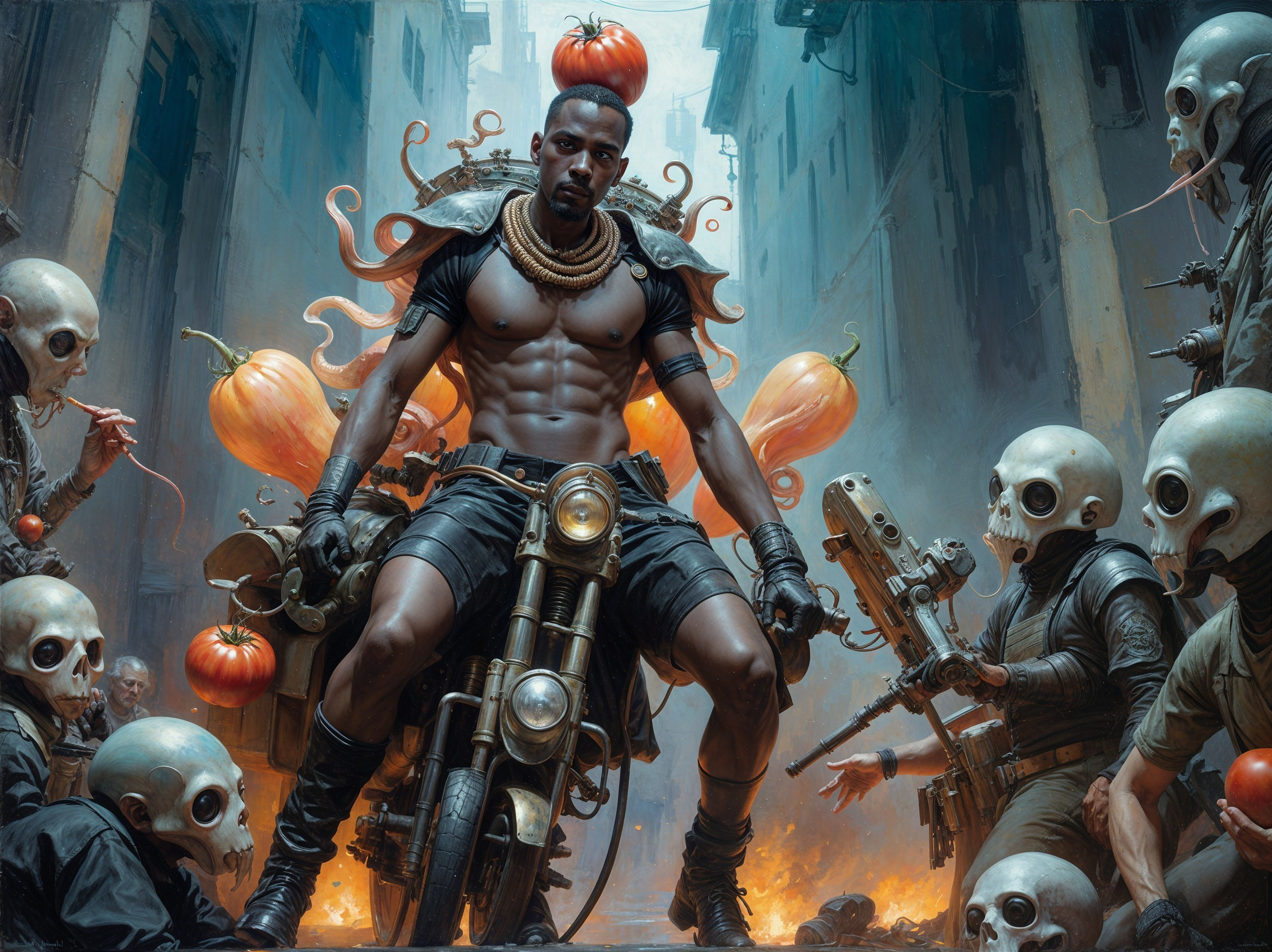 Dystopian Alley with Muscular Figure and Pumpkins