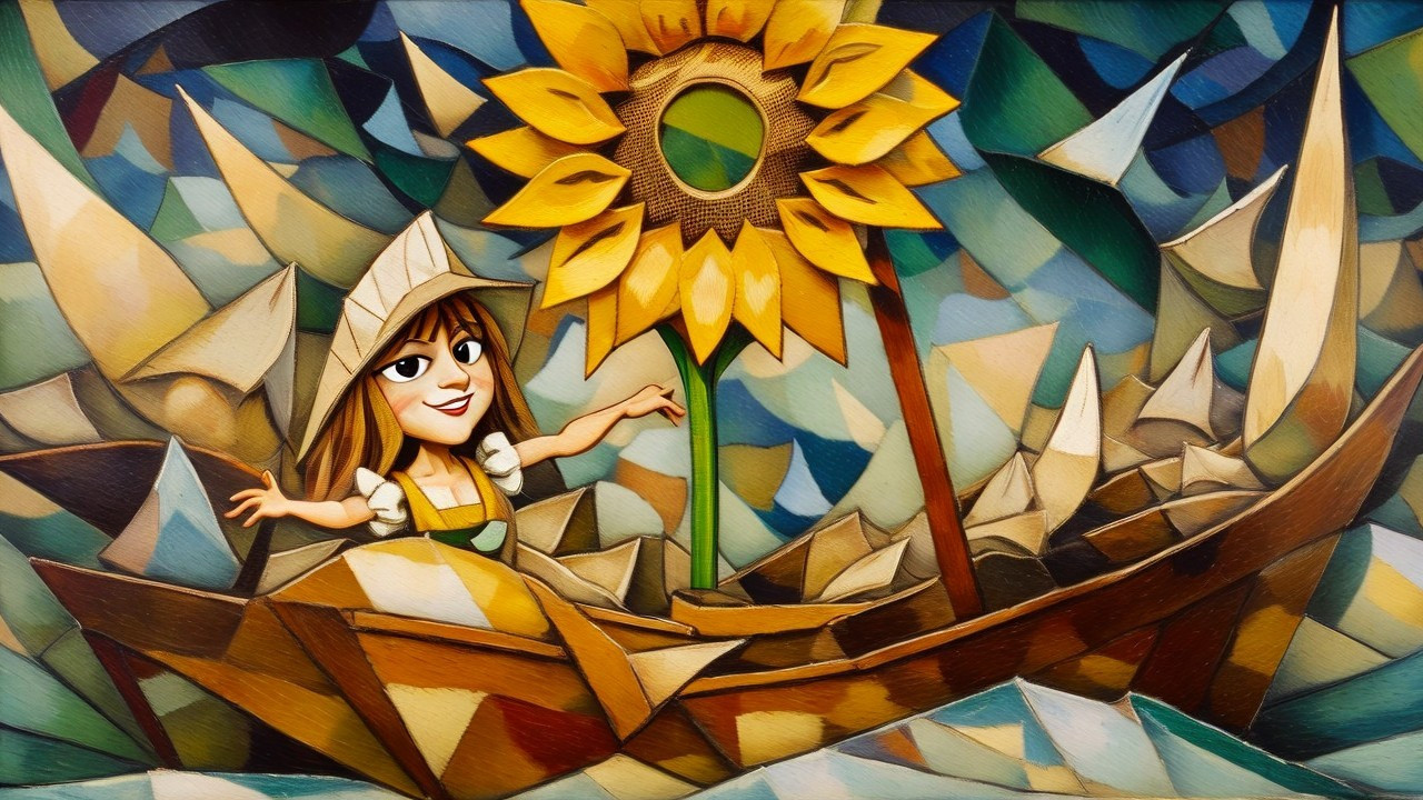 Whimsical Illustration of Girl Sailing in Colorful Landscape