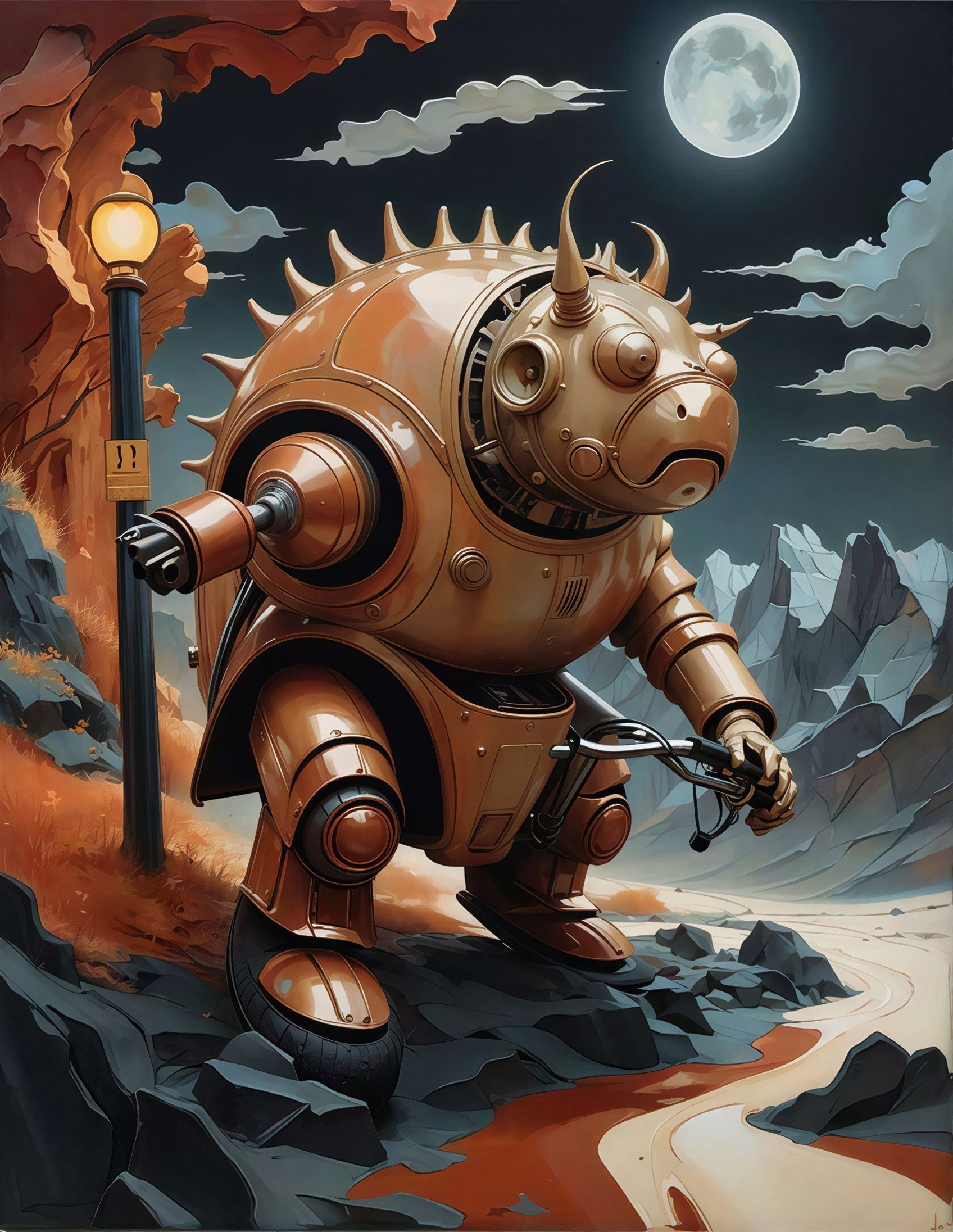 Mechanical Robot in Dark Mountain Landscape with Moon
