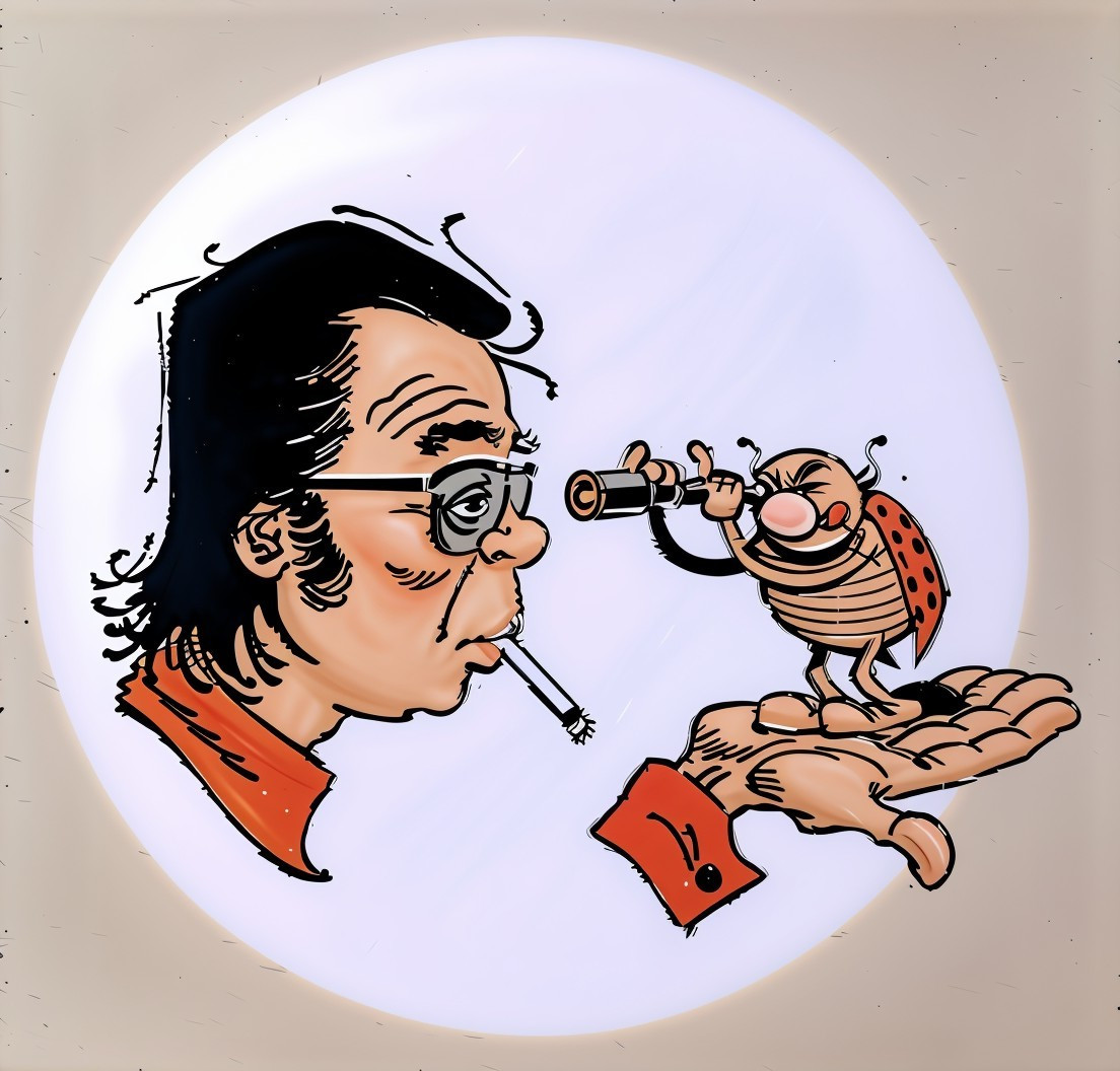 Whimsical Illustration of Man and Cartoonish Bug Interaction