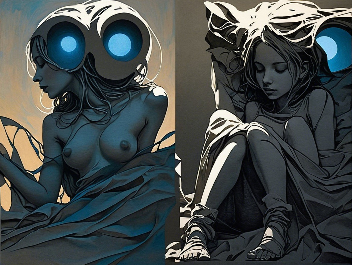 Surreal Artwork with Two Panels of Dreamlike Scenes