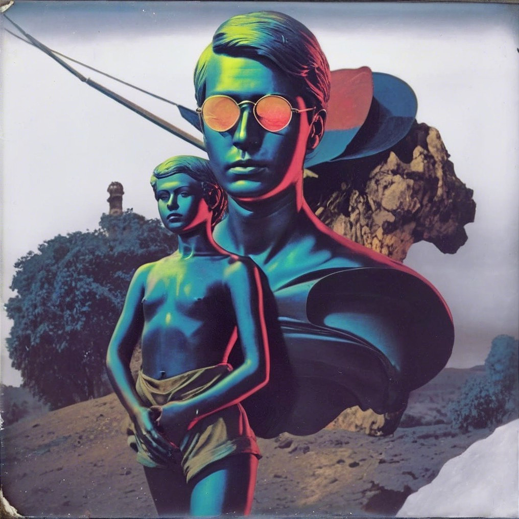 Surreal Artwork with Stylized Figures in Blue Tones