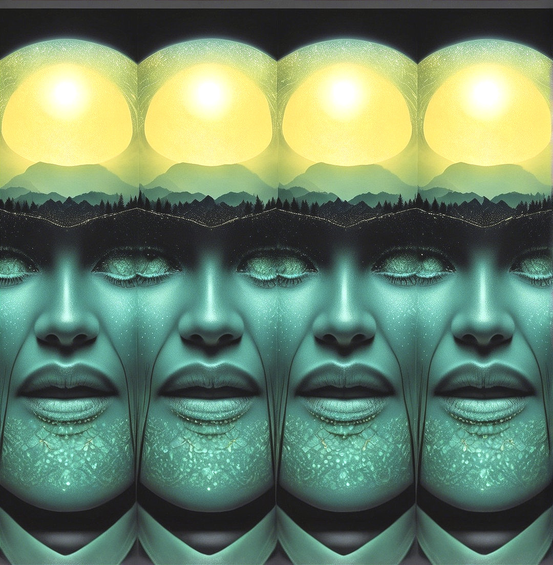 Surreal Composition of Four Identical Faces in Landscape