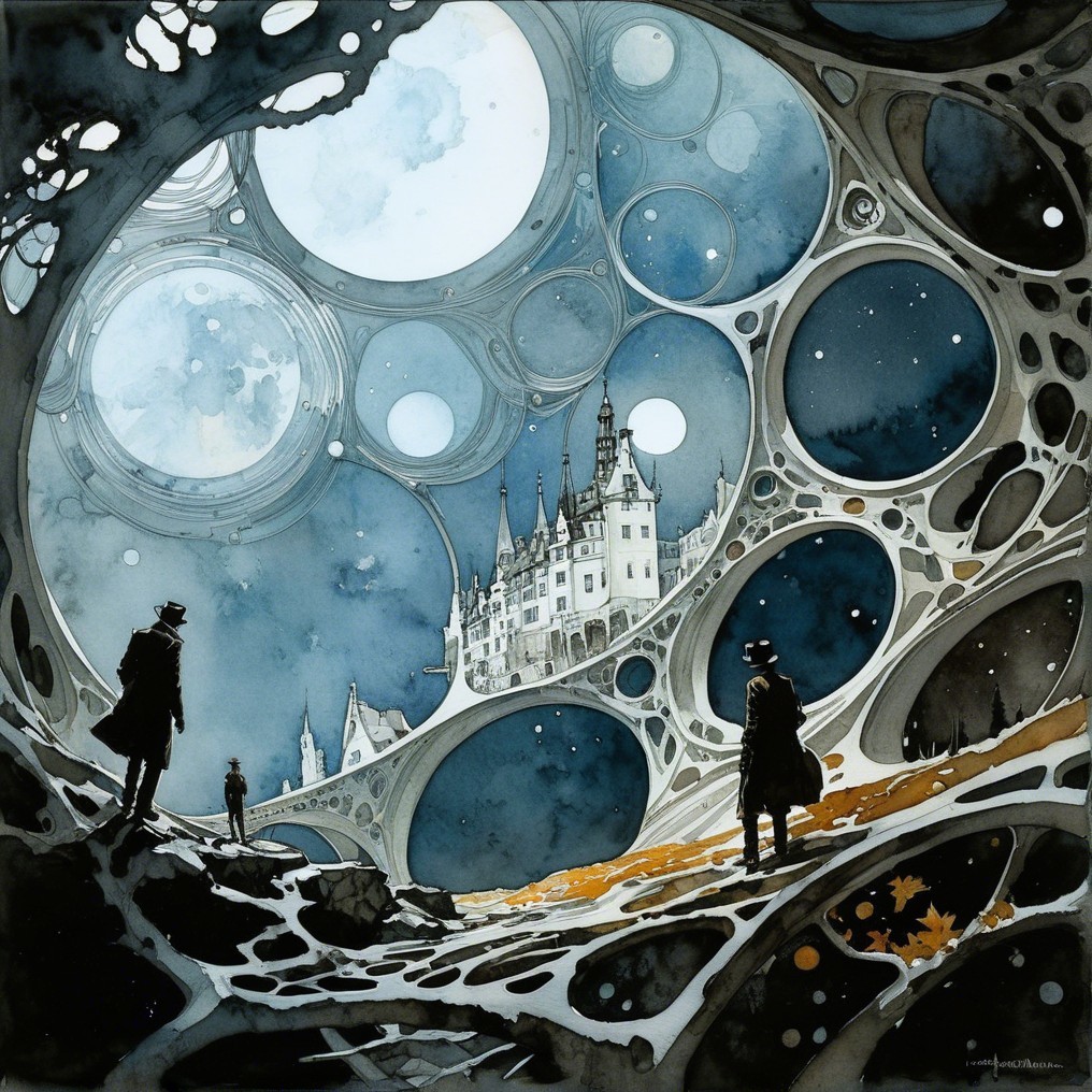 Surreal Landscape with Figures and Majestic Castle