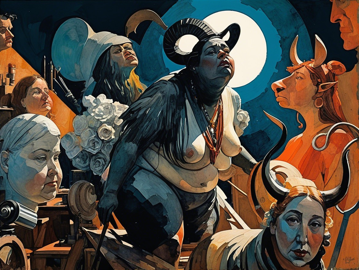 Dynamic Artistic Scene with Tribal Figures and Emotion