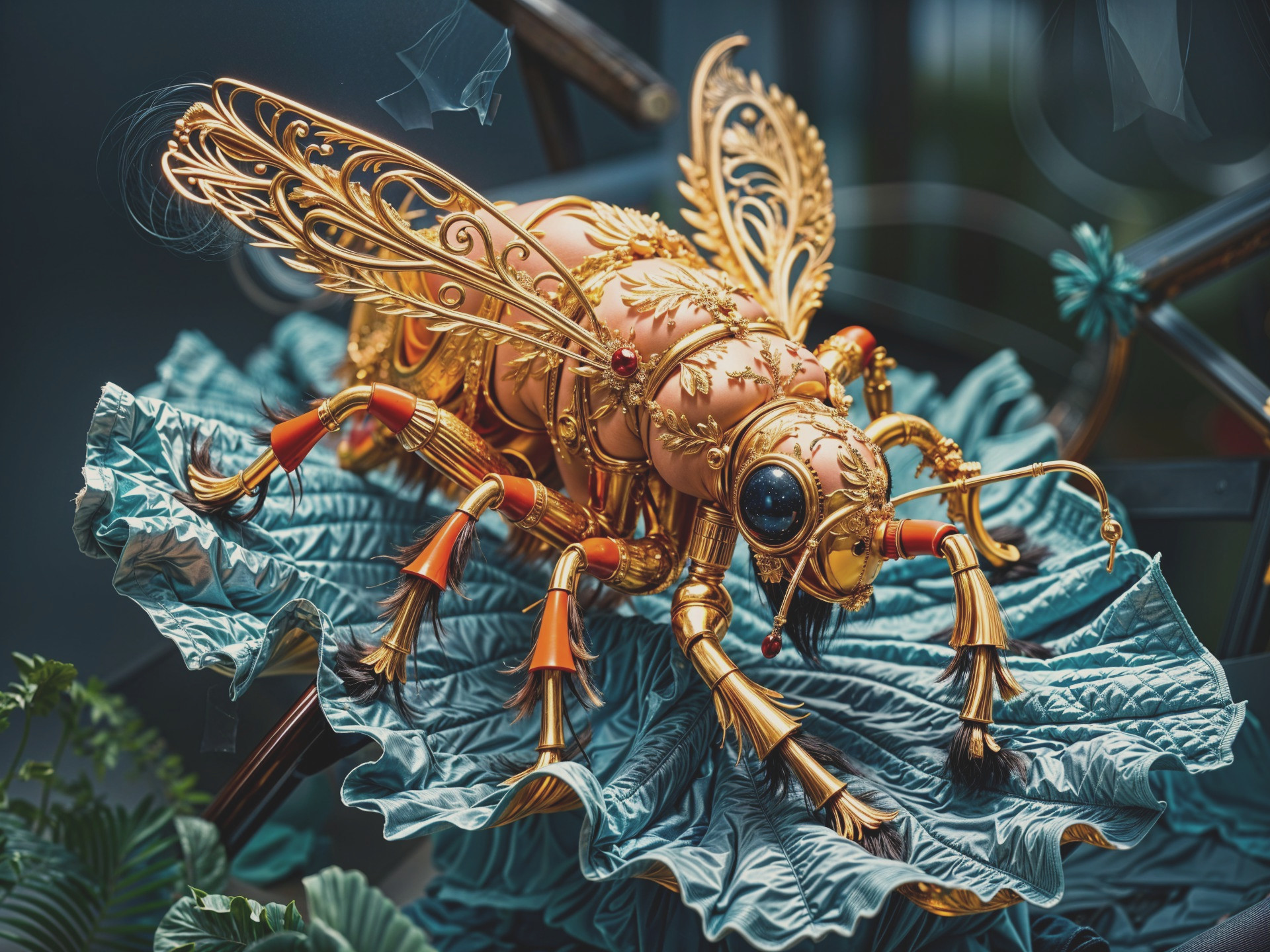 Artistic Representation of a Robotic Bee on a Leaf