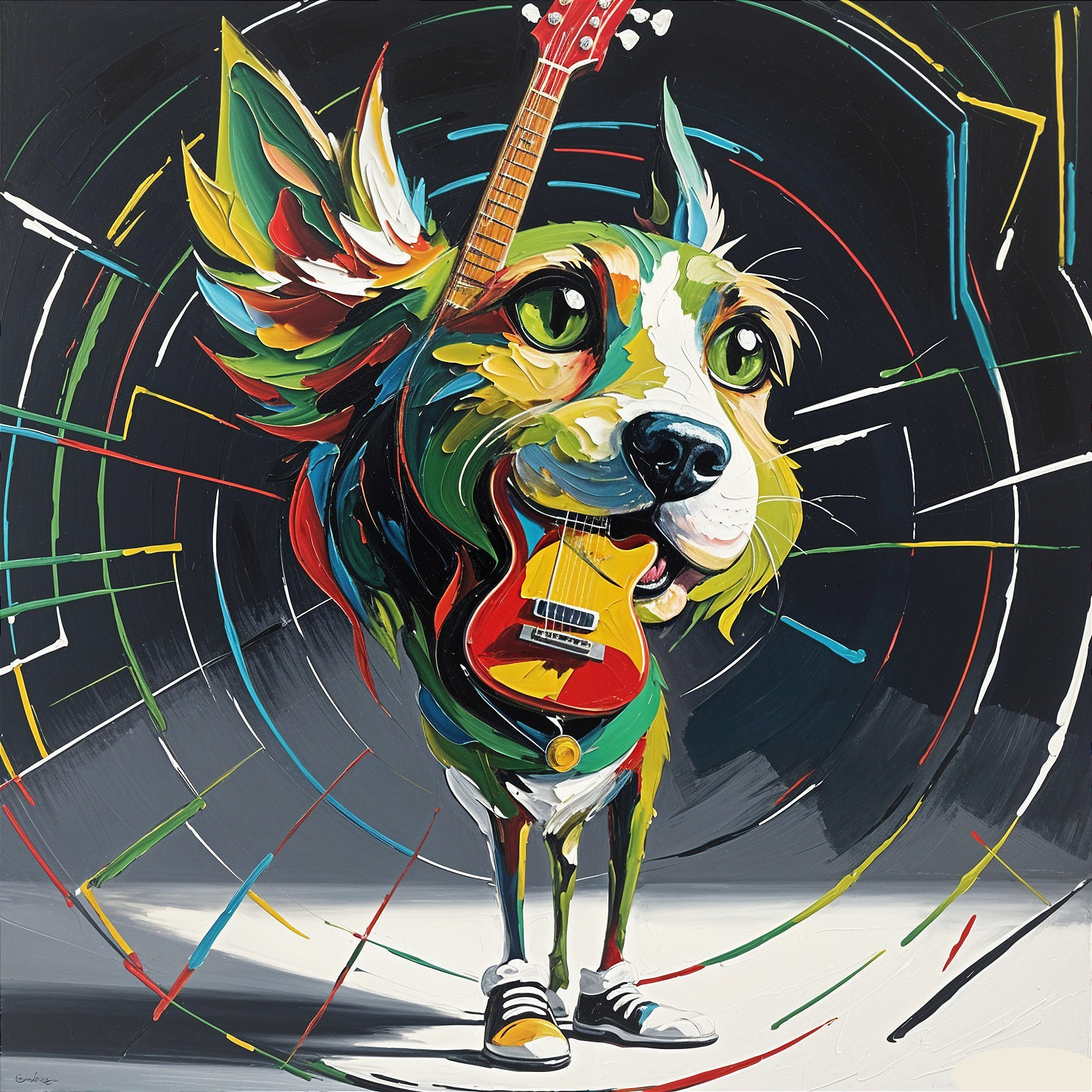 Colorful Painting of Playful Dog with Guitar