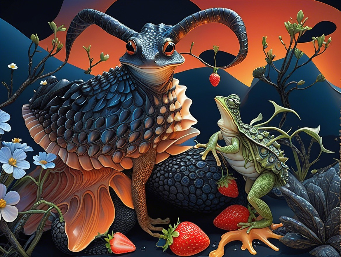Surreal Landscape with Whimsical Creatures and Nature