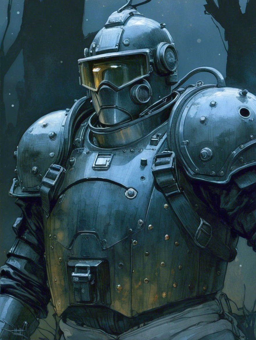 Armored Figure in Dark Industrial Setting