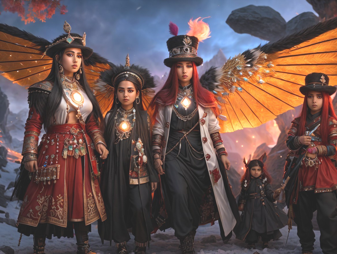 Group of Four Figures in Traditional Attire and Orbs