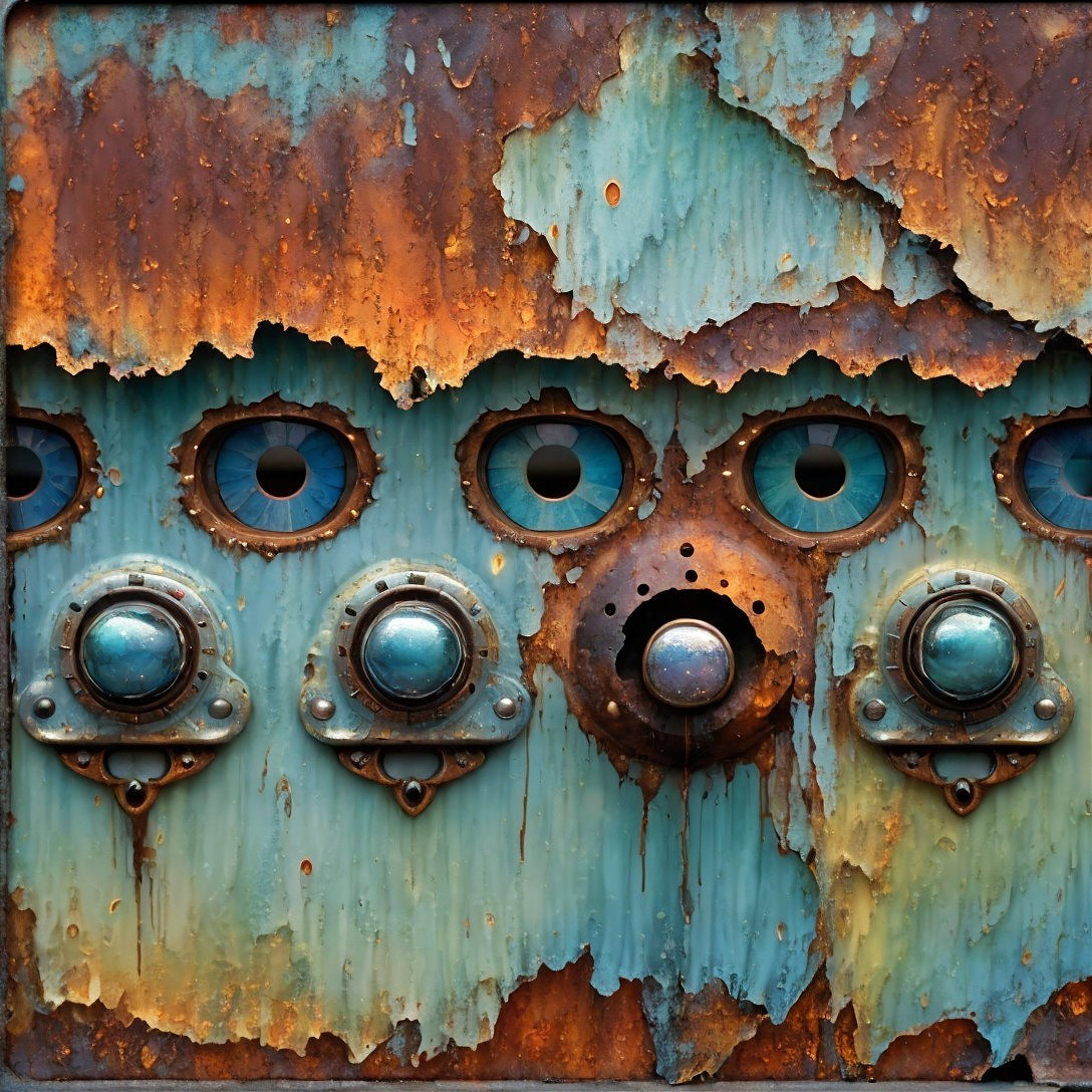 Rusted Wall with Colorful Circular Elements and Lens
