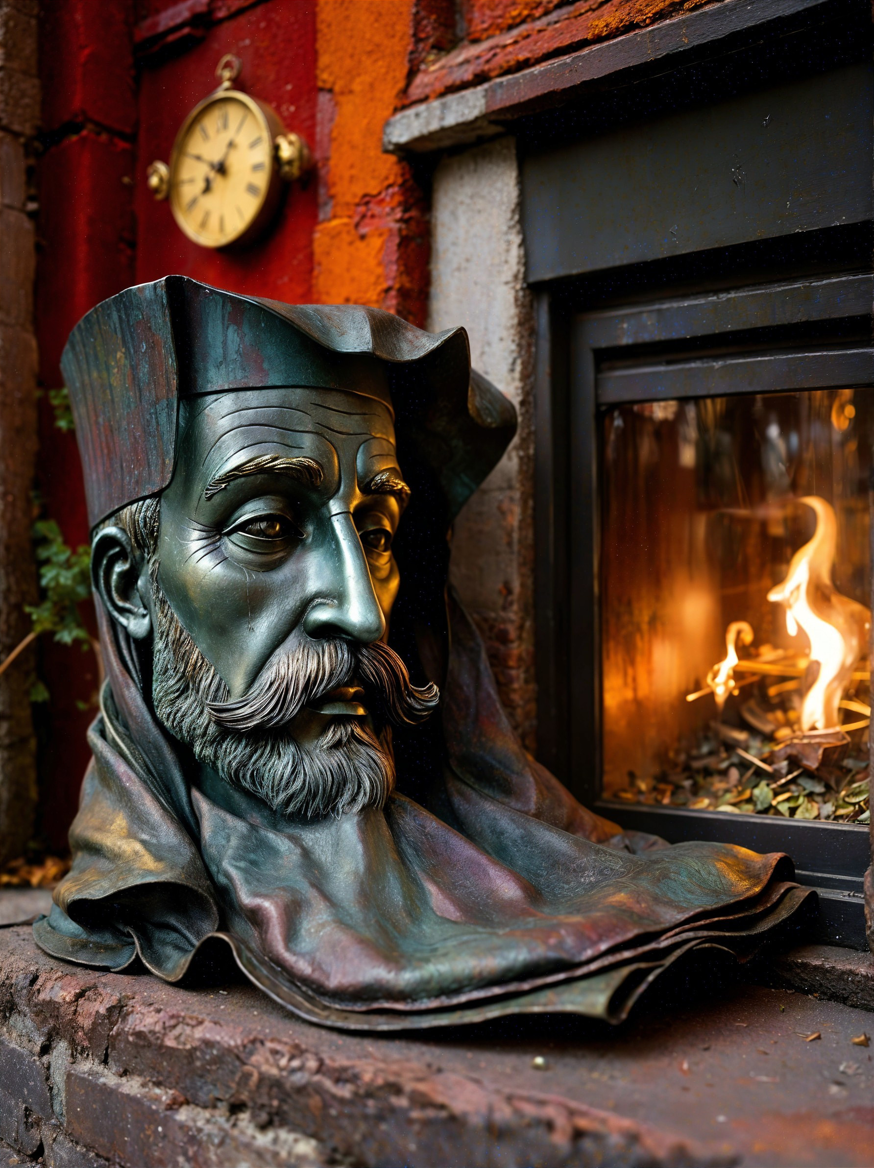 Bronze Sculpture of Thoughtful Man by Fireplace