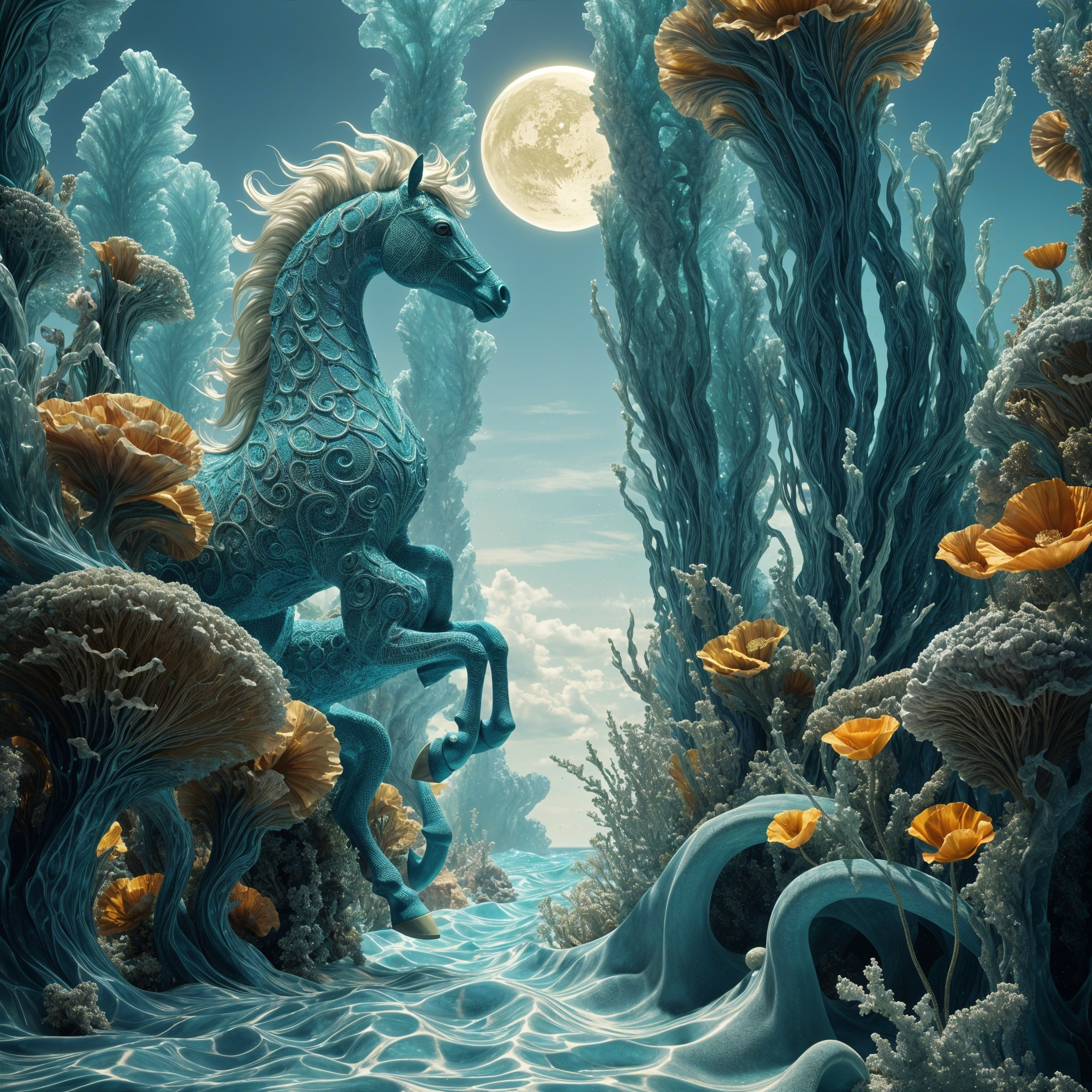 Underwater Scene with Majestic Horse and Coral