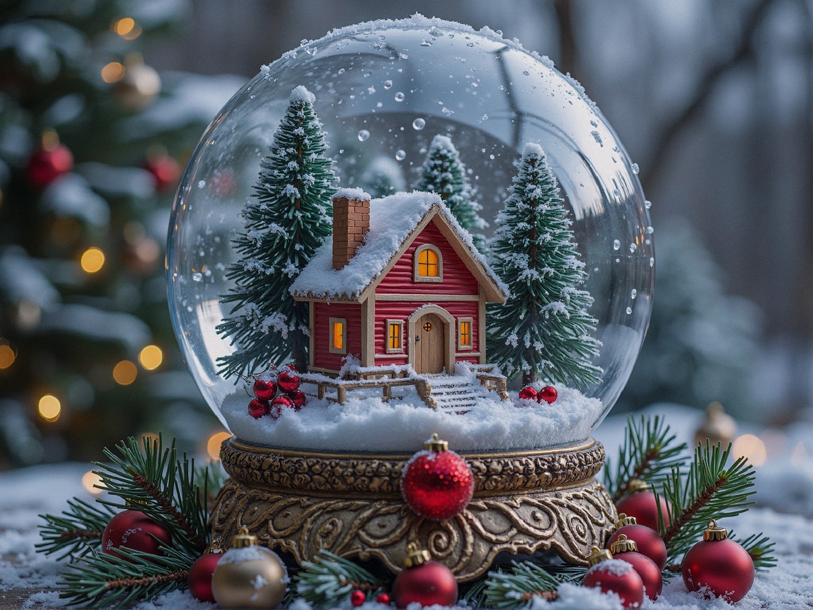 Charming Snow Globe with Red House and Winter Scene