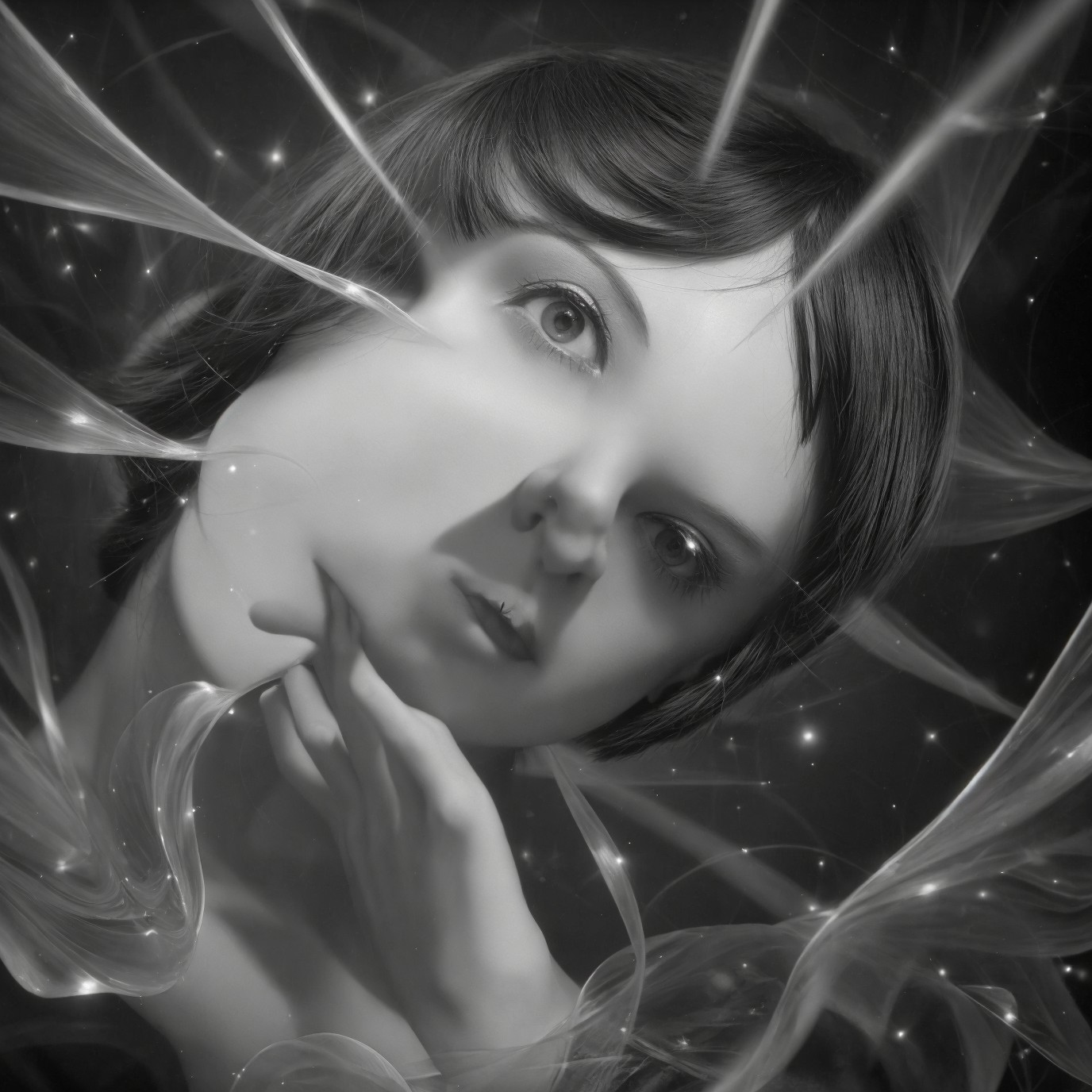 Monochrome Artwork of Woman with Radiant Light Effects