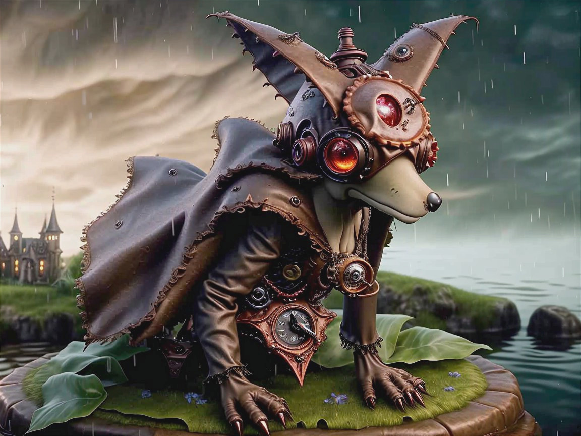 Steampunk Fox Figure in Mystical Landscape Setting