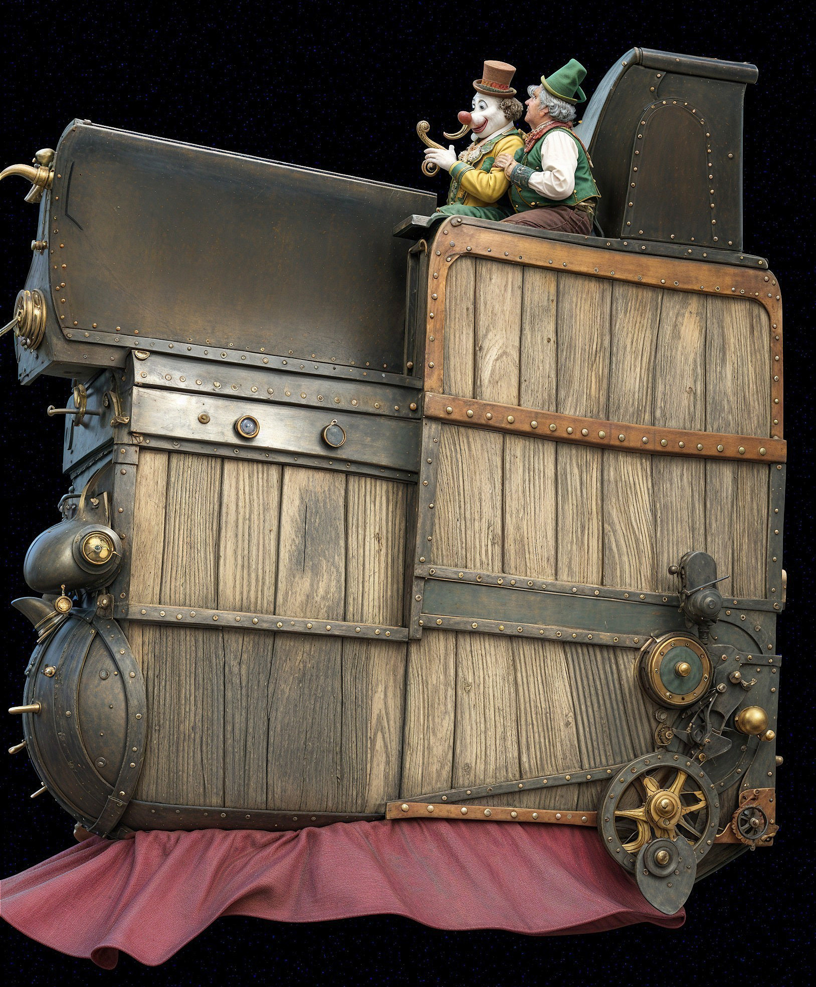 Vintage Wooden Vehicle with Clown and Jester Figures