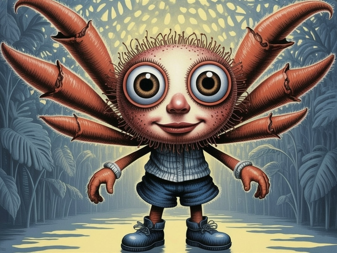 Whimsical creature in a vibrant tropical setting