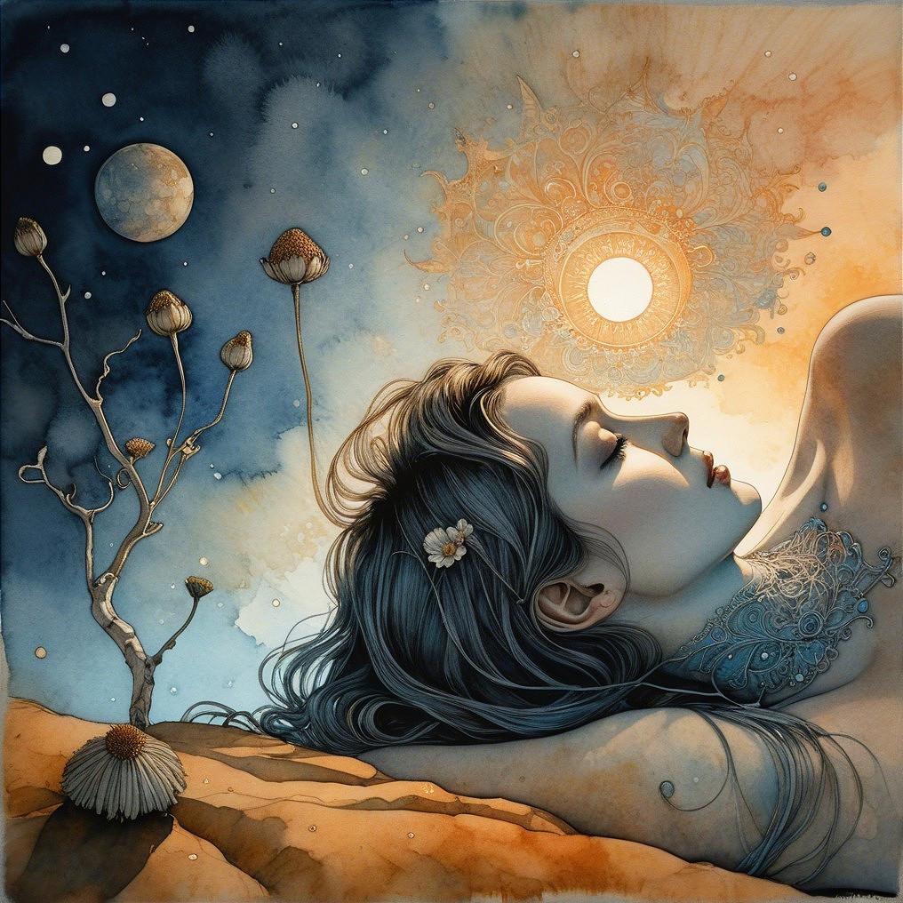 Dreamlike Illustration of a Woman on Sandy Surface