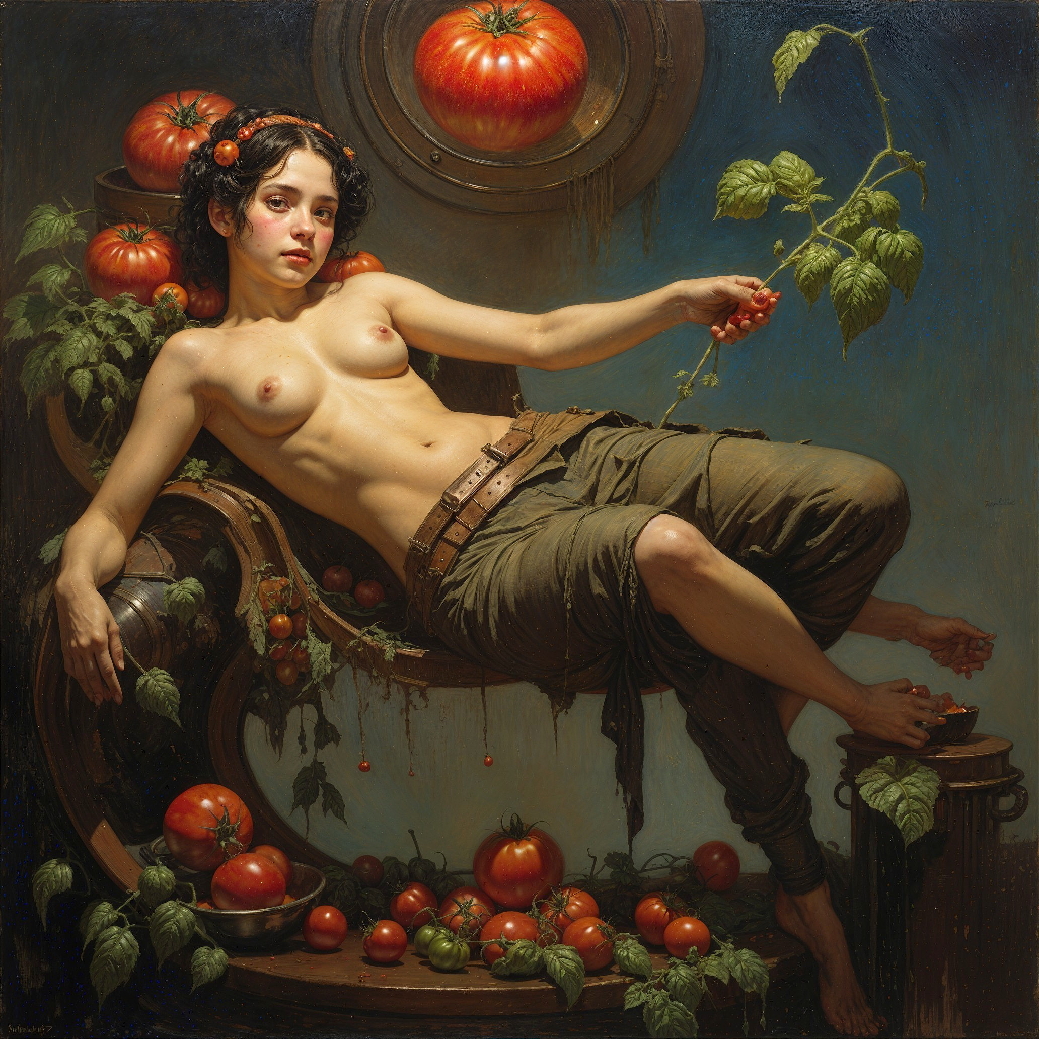 Reclining Figure Among Lush Tomato Vines and Harvest