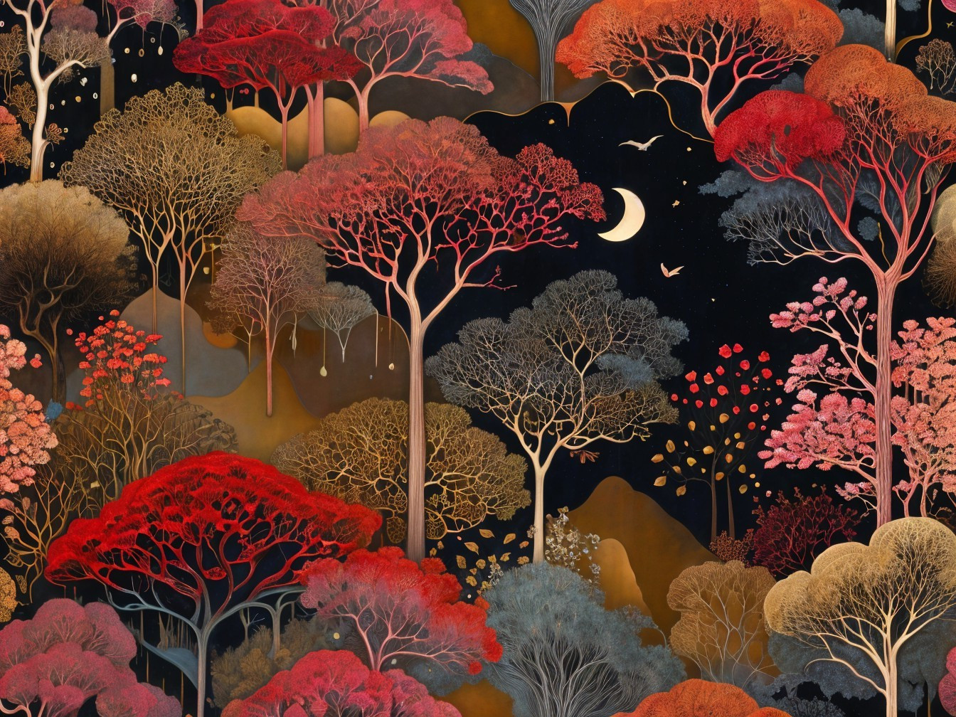 Vibrant Forest Scene with Colorful Trees and Moon