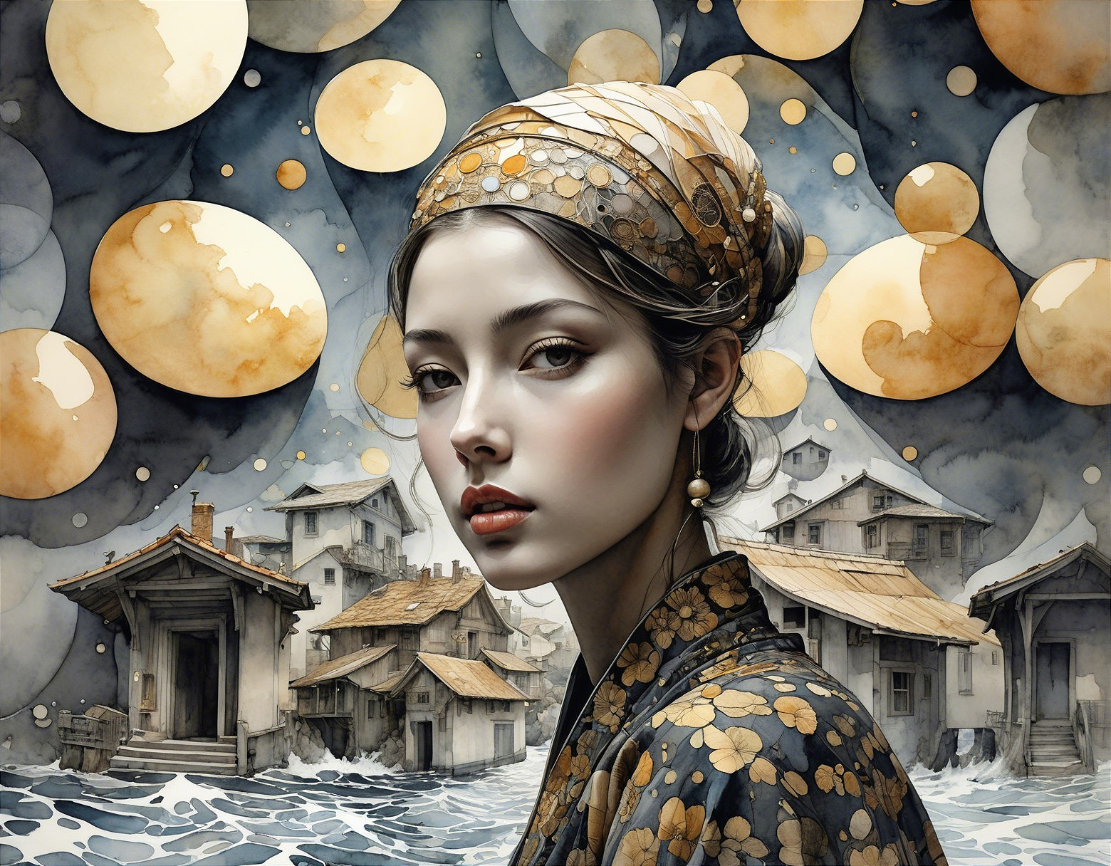 Serene Woman in Floral Attire with Golden Moons