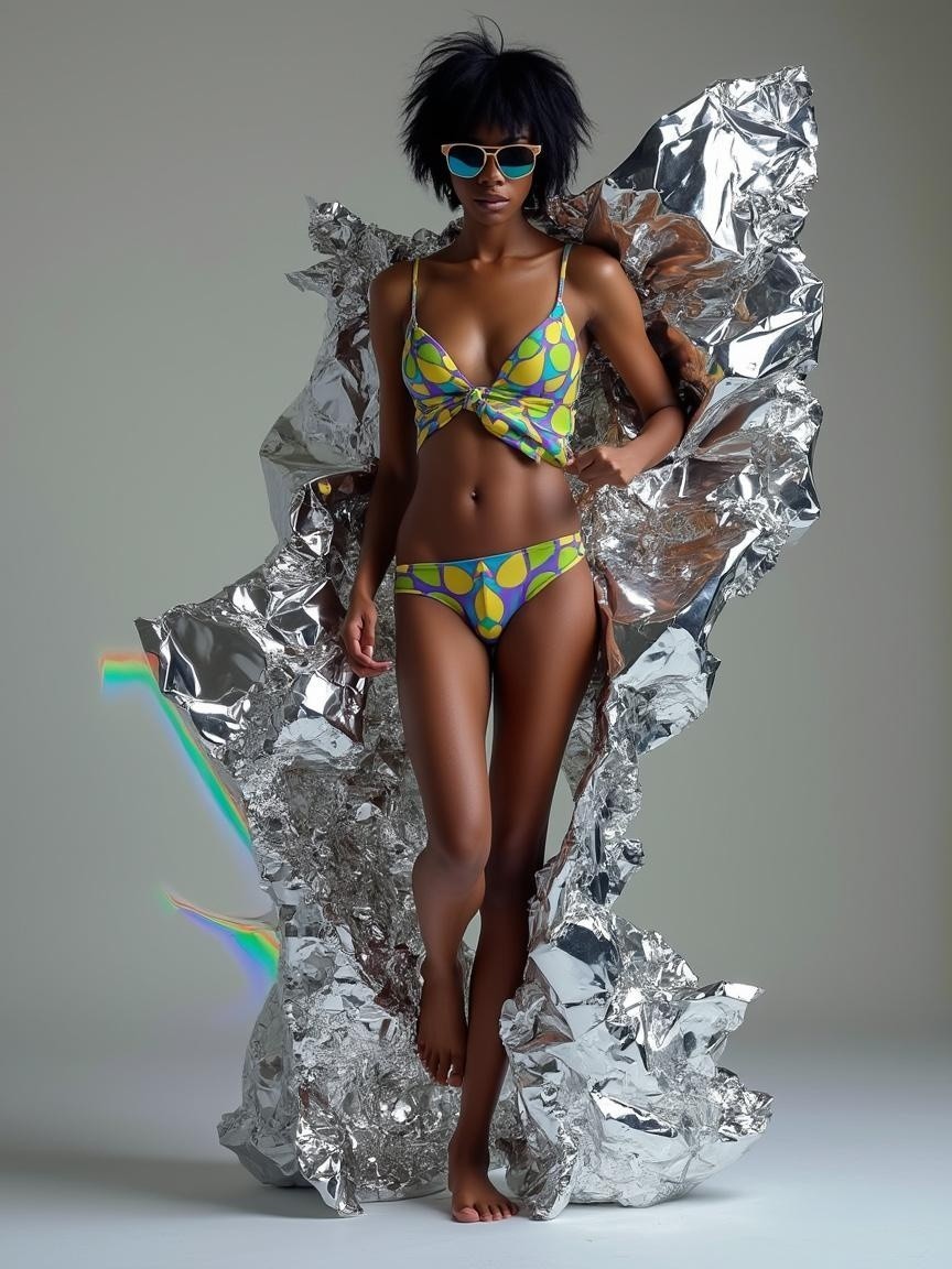 Model in Vibrant Bikini Against Silver Backdrop