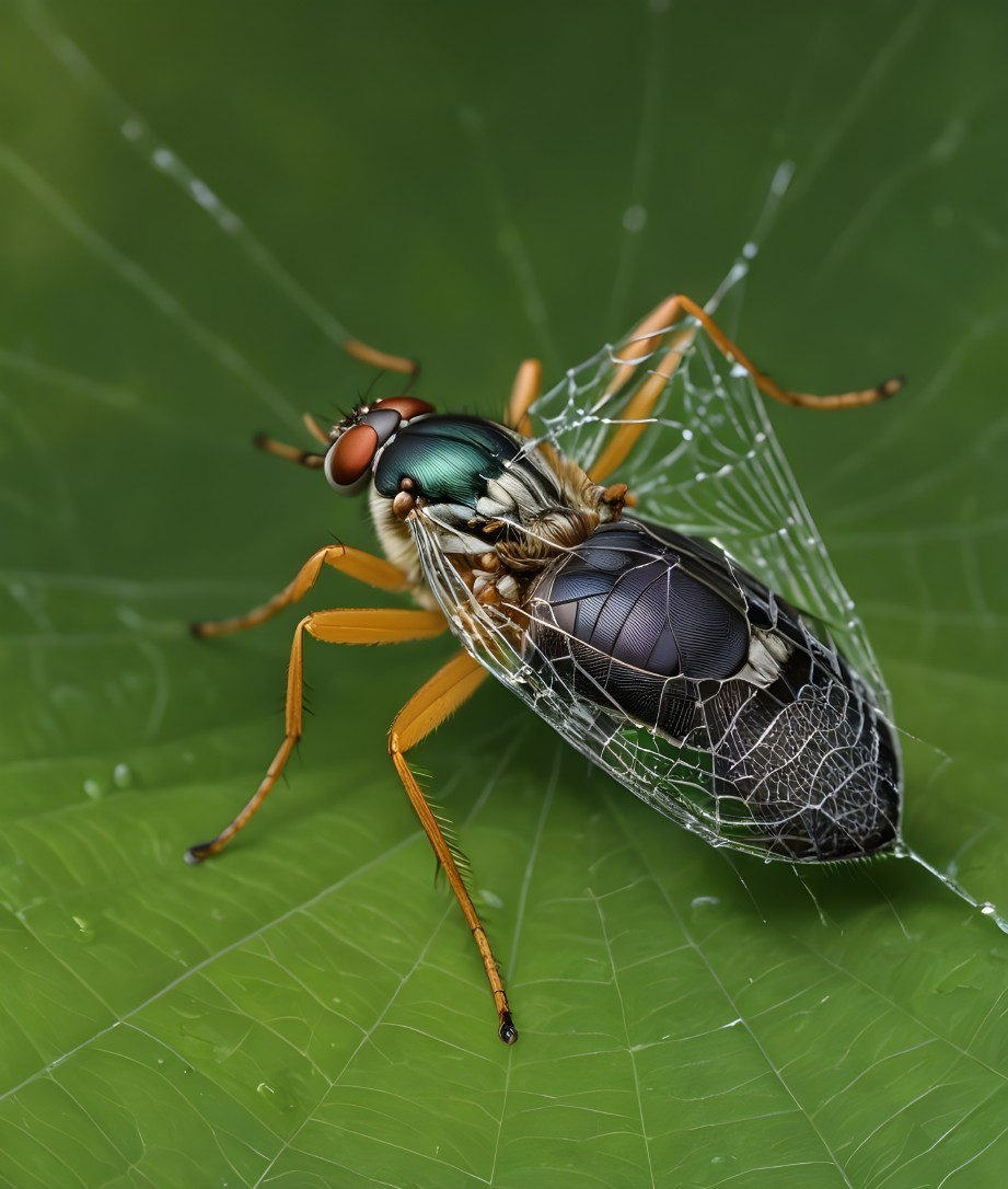 Colorful Insect in Spider Web on Green Leaf