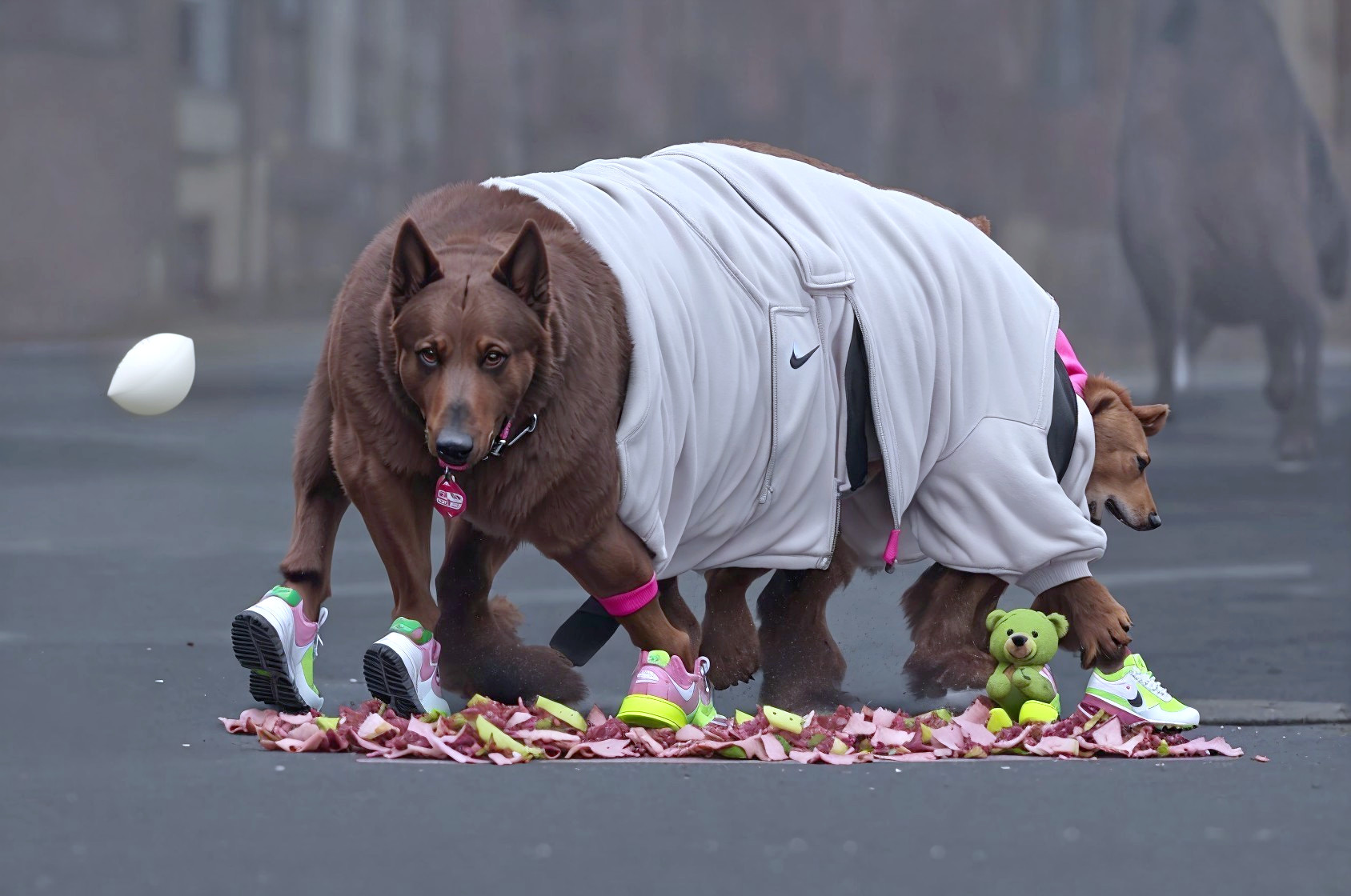Dogs in Beige Hoodie Surrounded by Pink Petals