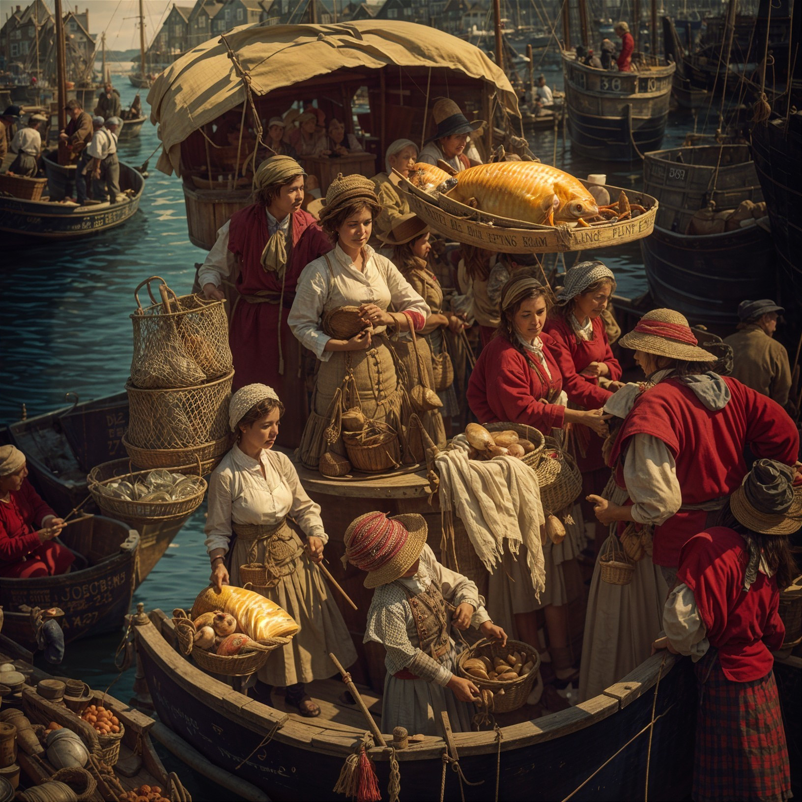 Harbor Scene with Women in Period Attire and Vendors