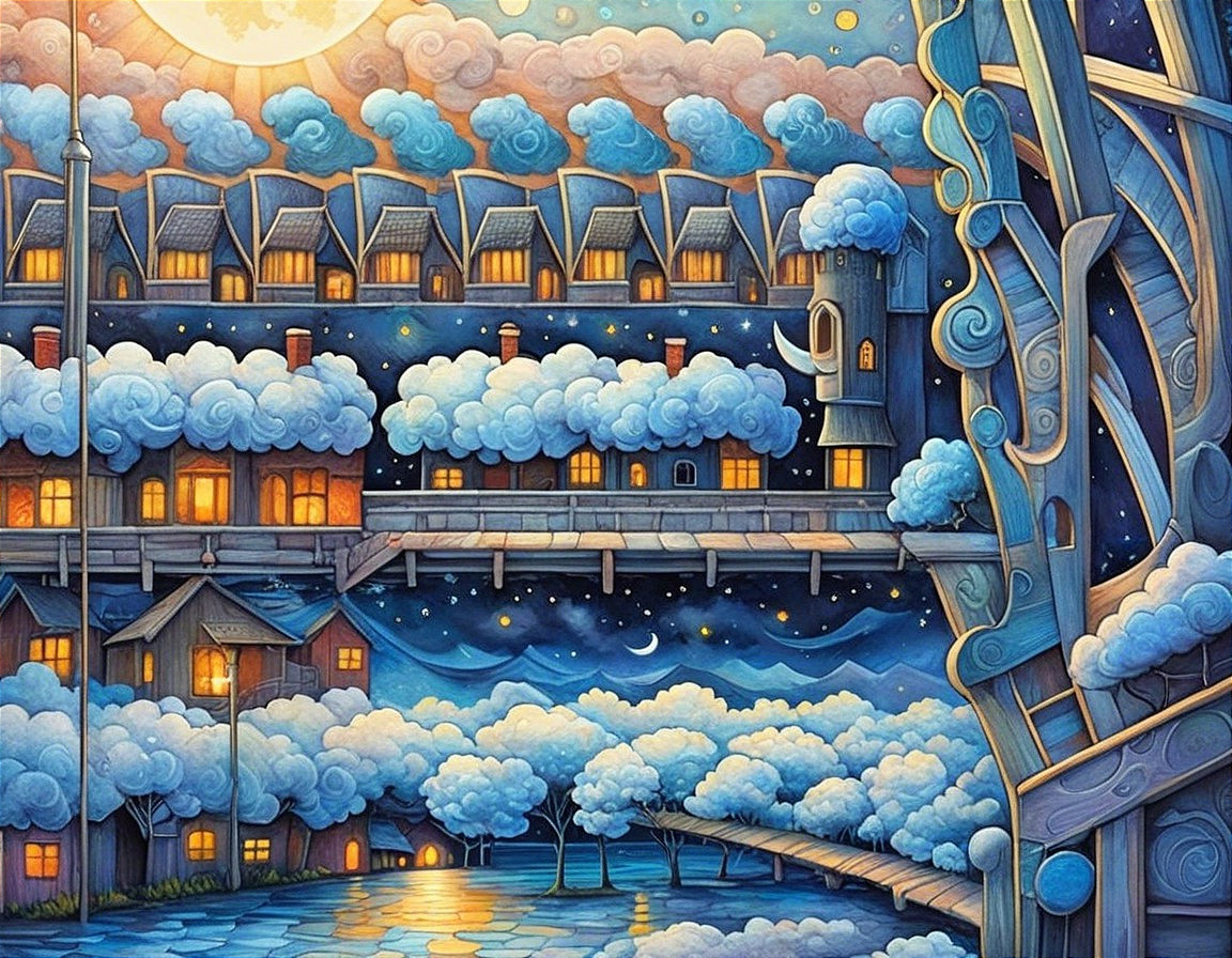 Whimsical Village Under a Starry Night Sky