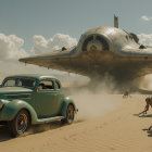 Classic Green Car and Rugged Beige Off-Road Vehicle in Desert