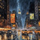 Impressionistic City Street Scene at Night After Rain