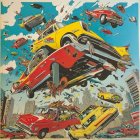 Comic-Style Illustration of Colorful Cars in Sky