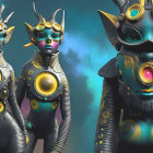 Futuristic humanoid figures in cosmic metallic designs
