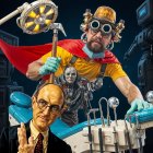 Whimsical character on a fantastical shark in water