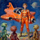 Woman in Orange Astronaut Suit with Goldfish Companion