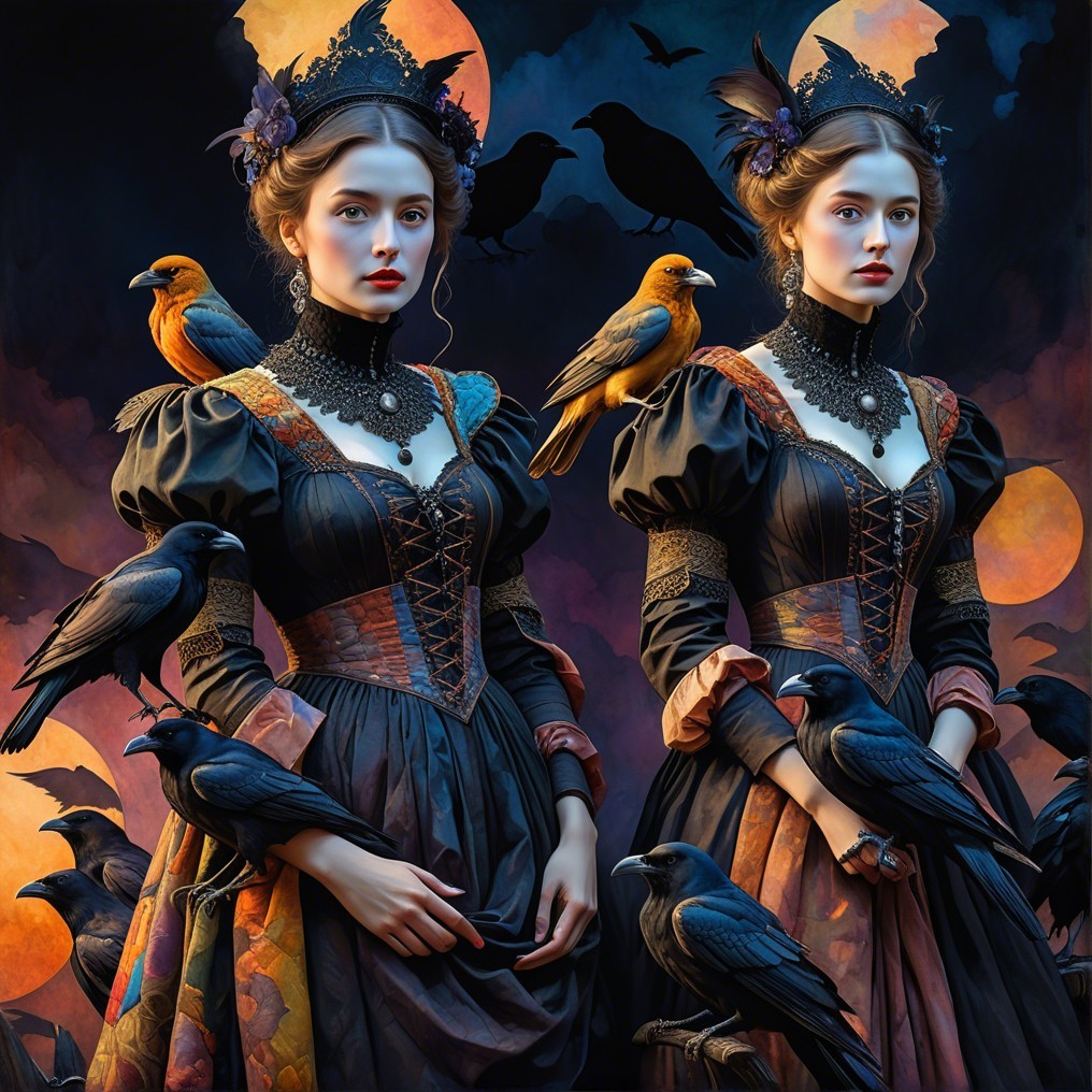 Elegant women in ornate dresses with ravens and moonlight